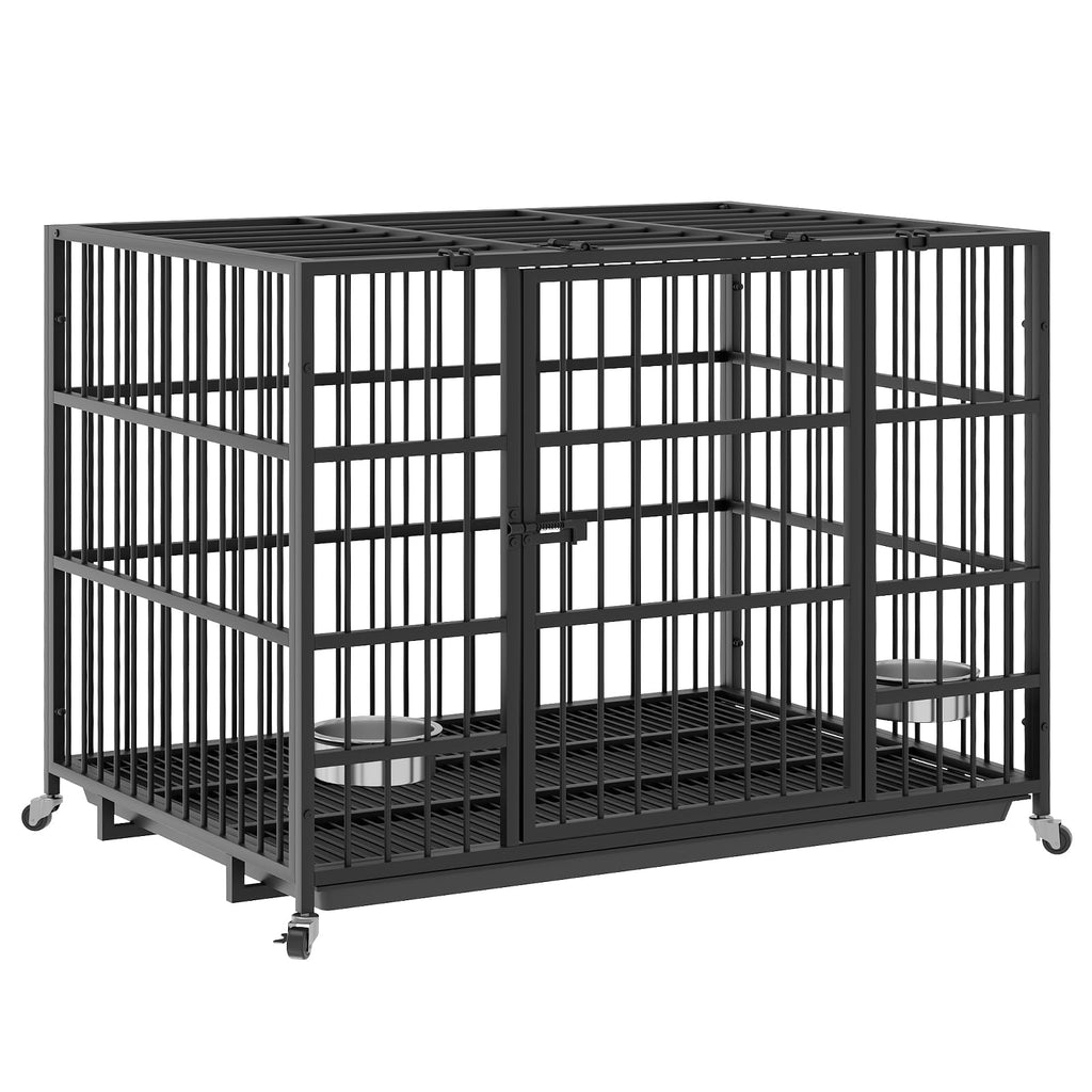Dosker 42 inch Heavy Duty Metal Dog Crate with Divider for 2 Dogs/Large Dog, All Metal Open Top Escape Proof Cage, Indoor Dog Kennel with Wheels, Floor Grid, Tray, Feeding Bowl