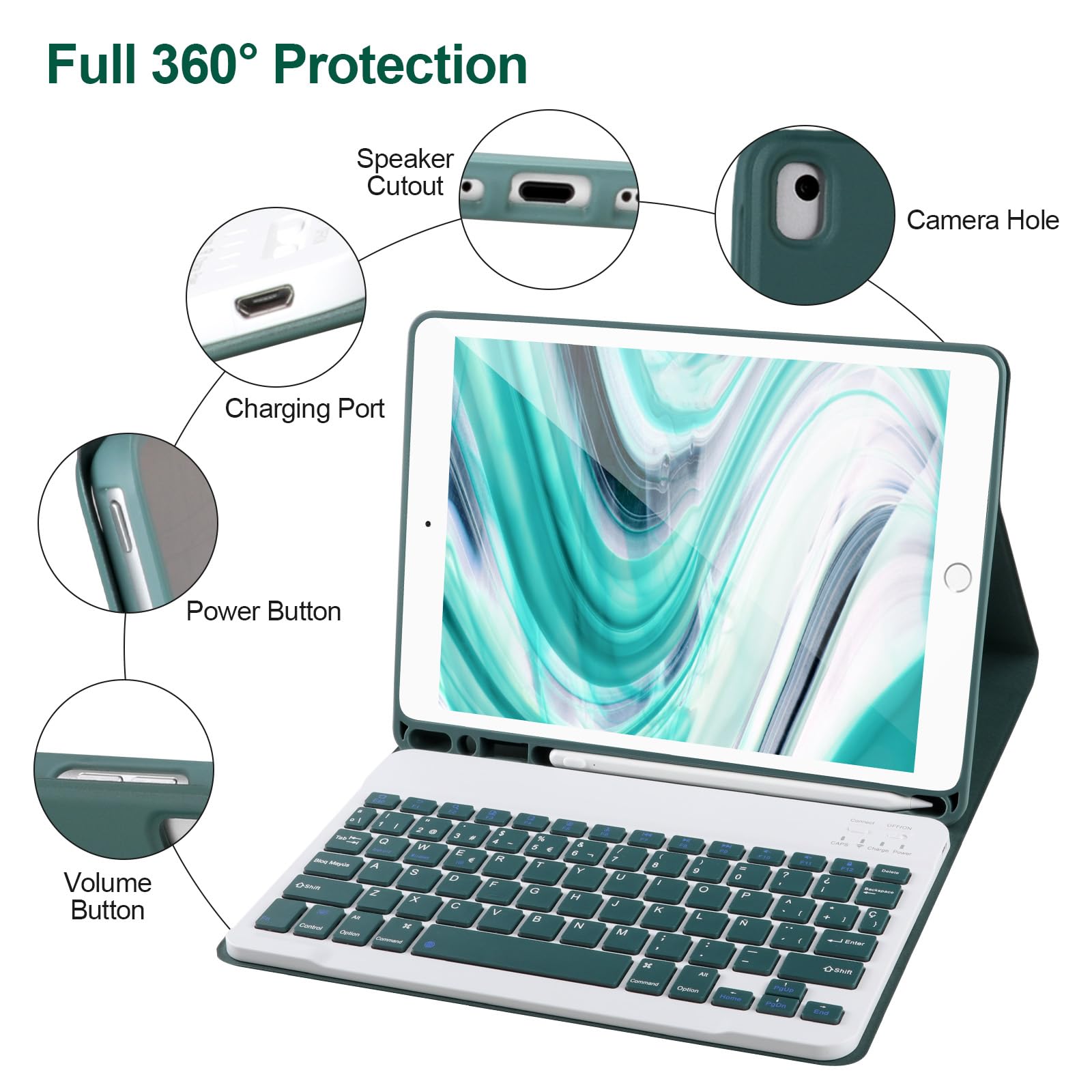AHYWTAN Keyboard Case for iPad 9/8/7th Gen 10.2, Bluetooth Keyboard with 7 Color Backlit, iPad 10.2 inch Case with Keyboard, Pencil Holder, Black-L