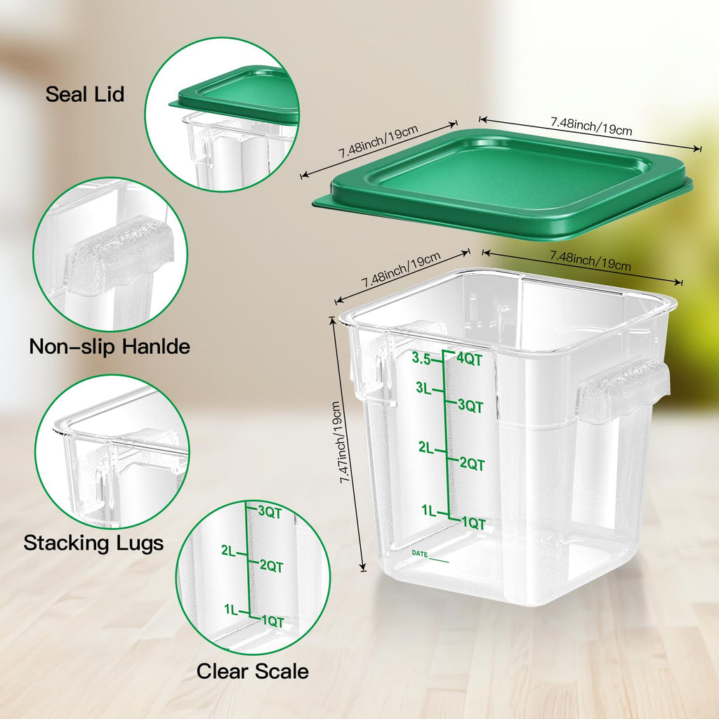 6 pcs 2qt Food Storage Containers with Lid, Square Clear Commercial Storage Containers with Handle and Scale for Food Storage in Home Kitchen & Dining (Green)