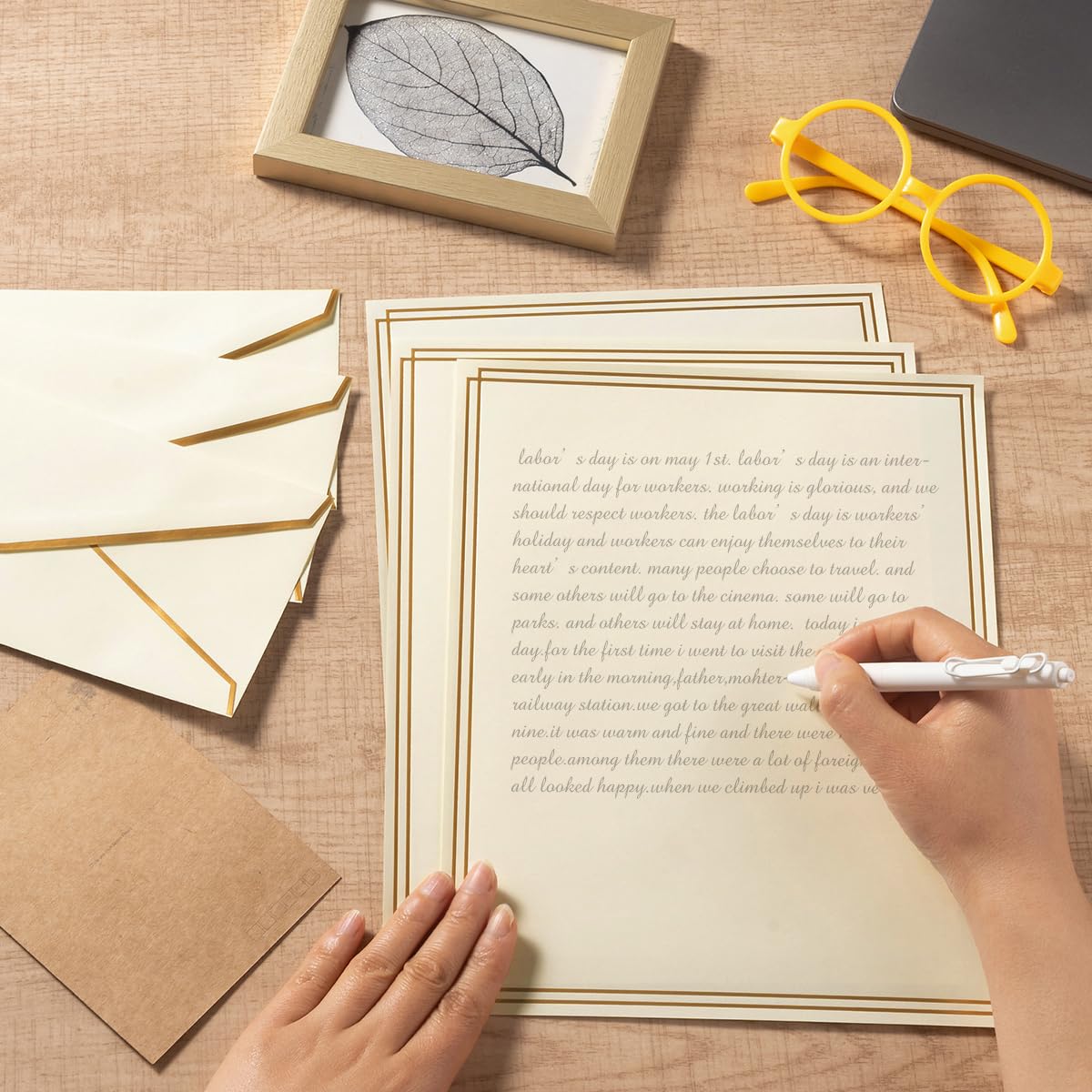 50 Pack Stationery Set with Envelopes, Cream Color, 8.5x11 Inches | Gold Border, #10 Business Envelopes and 8.5x11 Paper Sheets, Stickers for Letter Writing, Invitations