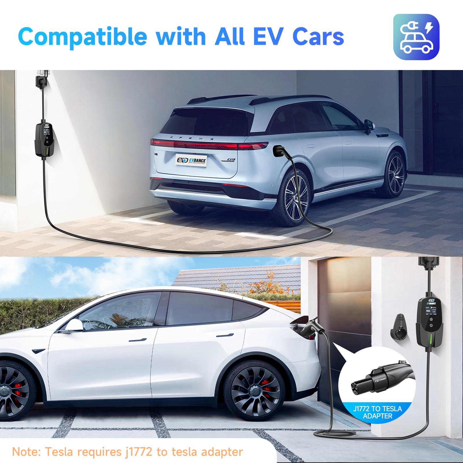 EVDANCE Level 2 EV Charger 40Amp, 240V 9.6KW Portable Electric Vehicle Charging Stations with NEMA 14-50P, 25FT Cable Adjustable Current/Timing Delay Home Electric Car Charger for J1772 BEVs/PHEVs