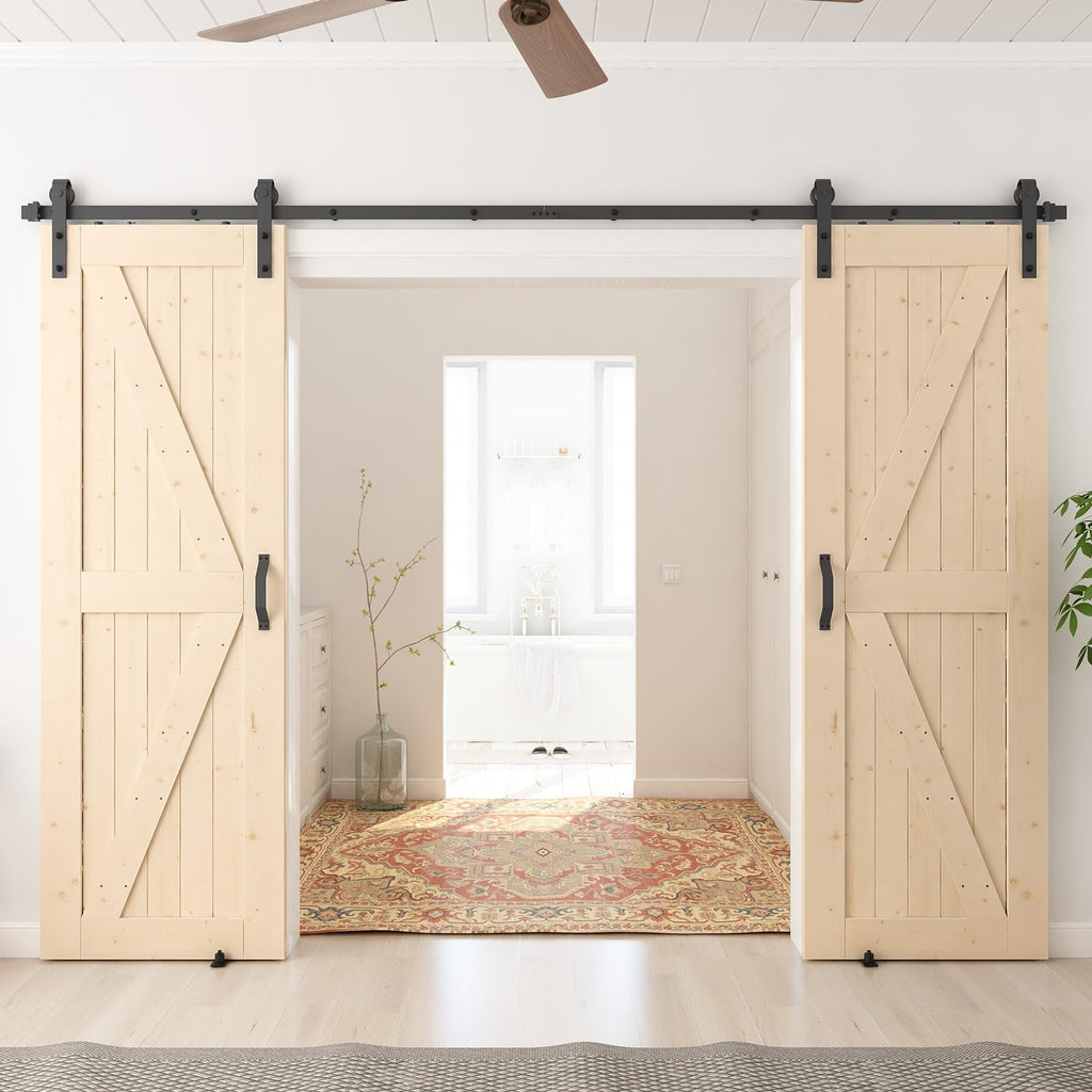 SmartStandard 24in x 80in Sliding Barn Wood Door Pre-Drilled Ready to Assemble, DIY Unfinished Solid Spruce Wood Panelled Slab, Interior Single Door Only, Natural, K-Frame (Fit 4FT Rail)