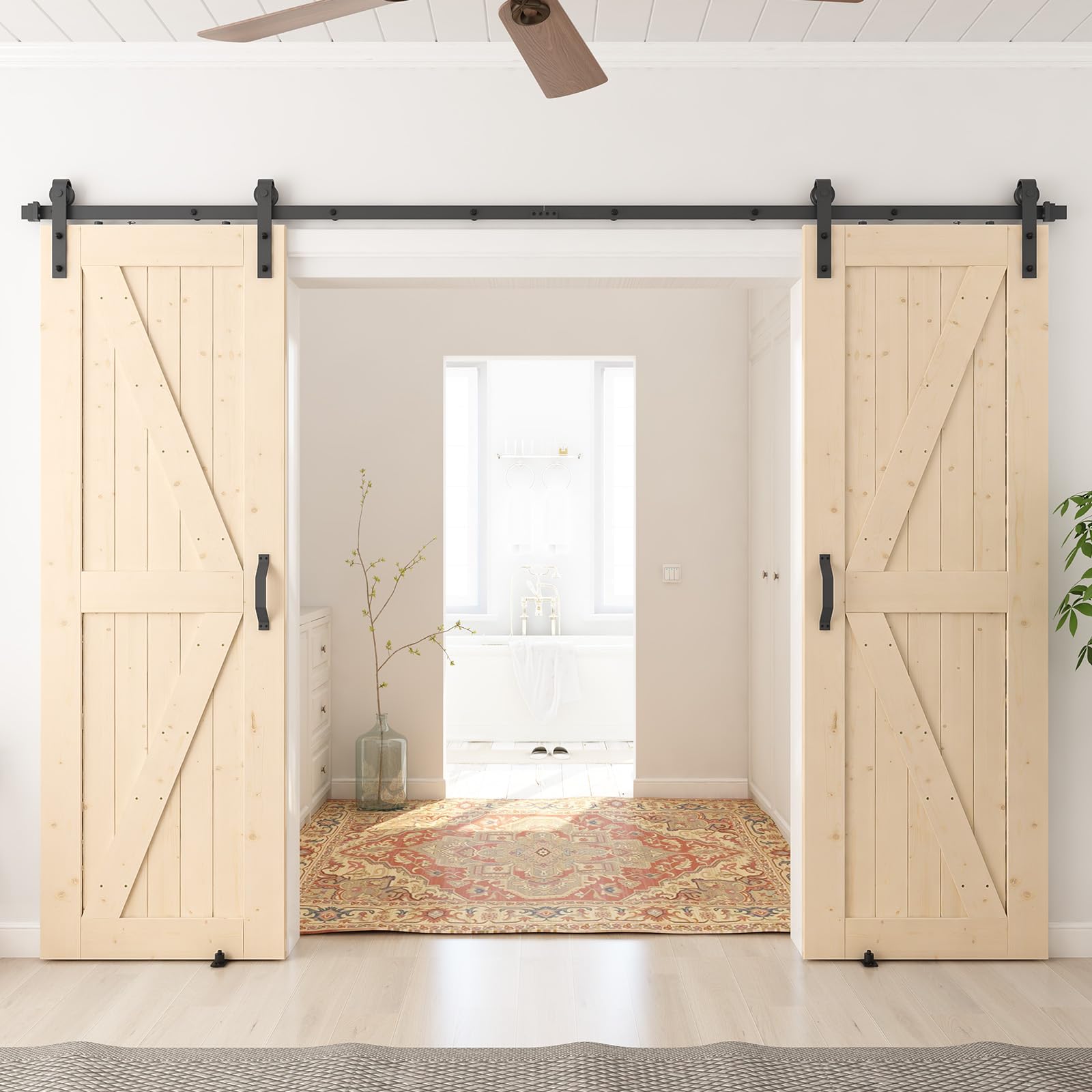 SmartStandard 24in x 80in Sliding Barn Wood Door Pre-Drilled Ready to Assemble, DIY Unfinished Solid Spruce Wood Panelled Slab, Interior Single Door Only, Natural, K-Frame (Fit 4FT Rail)