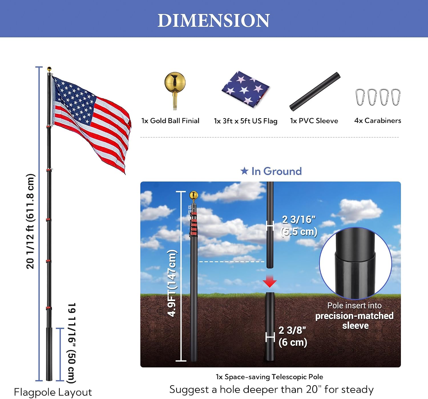 Yeshom 20Ft Black Telescopic Aluminum Flag Pole Fly 2 Flags 3'x5' US Flag & Ball Top Kit Telescoping Flagpole Yard Outdoor Garden