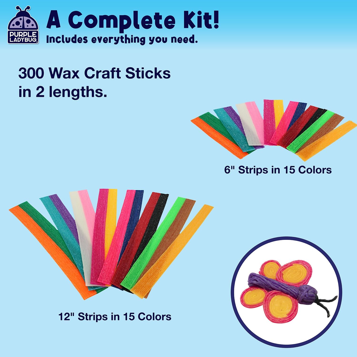 PURPLE LADYBUG 300 PCS Bendable Wax Craft Sticks in 2 Lengths - 6" and 12" Strips in 15 Colors Each, Mess-Free Road Trip Activity for Kids, Travel Toys for Car & Airplane for Kids Ages 4+