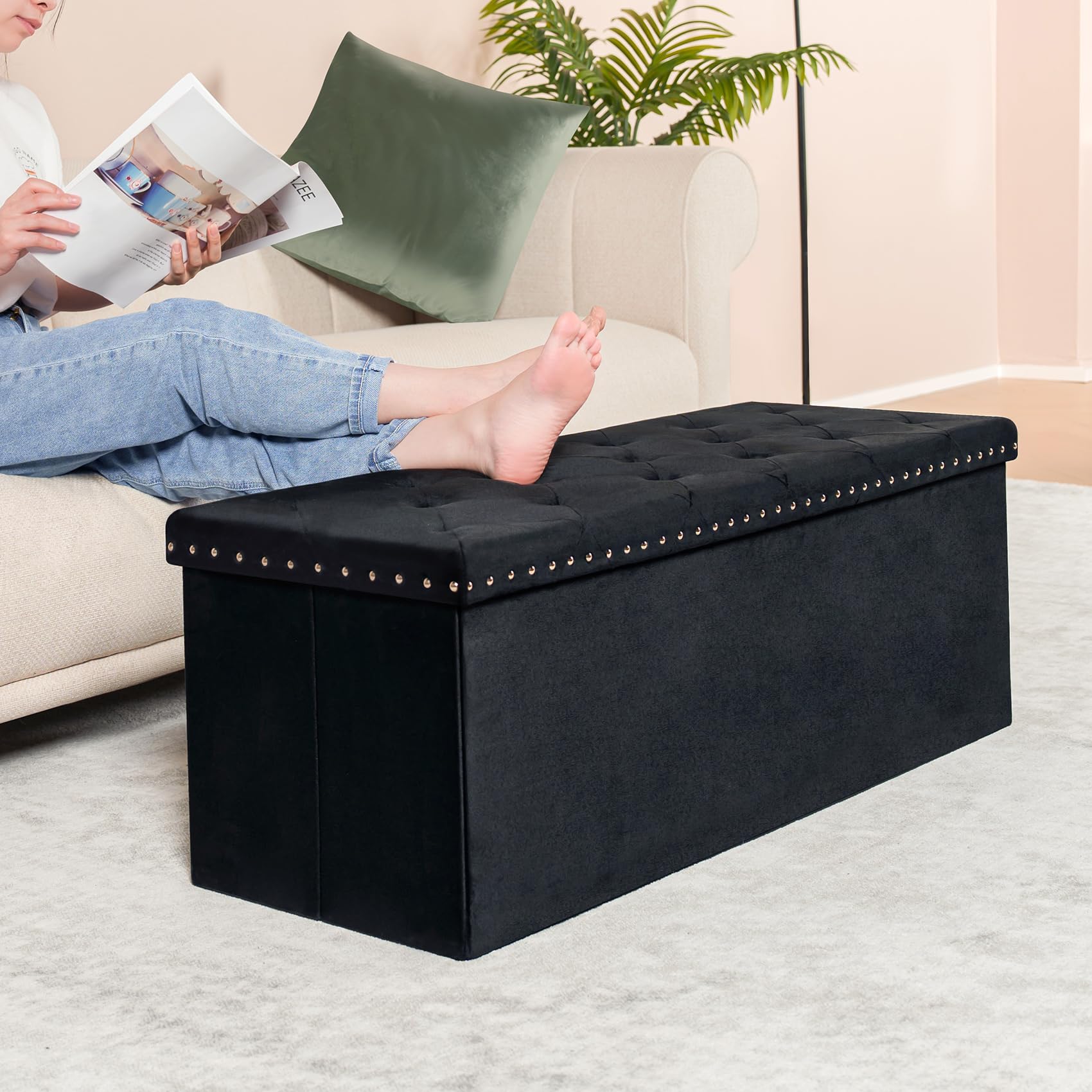 PINPLUS Folding Storage Ottoman Bench, Folding Velvet Tuffed Foot Rest Stool with Rivet, End of Bed Bench Large Long Shoes Chest for Bedroom Entryway Living Room, Beige, 41.3 Inches