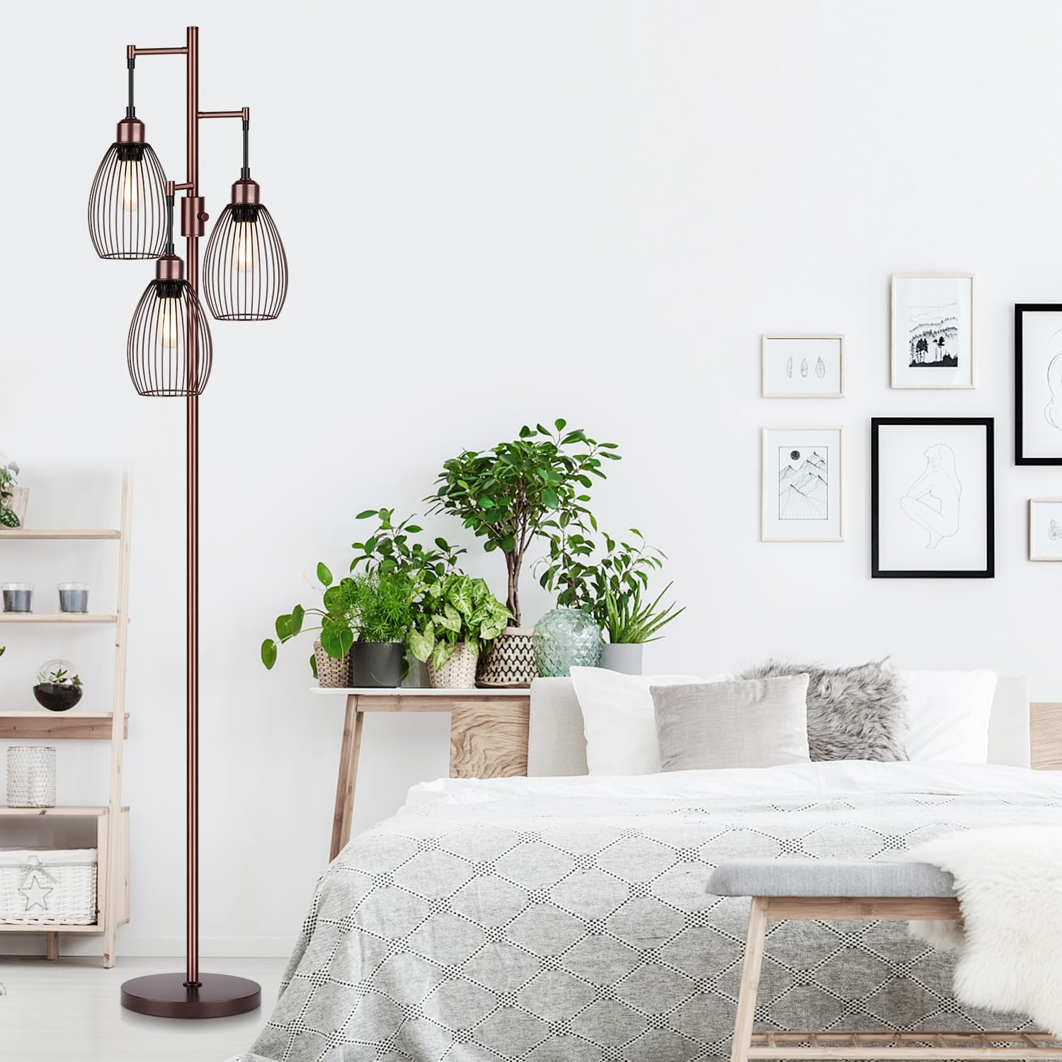 Dimmable Floor Lamp, 3 x 800LM LED Edison Bulbs Included, Farmhouse Industrial Floor Lamp Standing Tree Lamp with Elegant Teardrop Cage Tall Lamps for Living Room Bedroom Office Dining Room-Brass