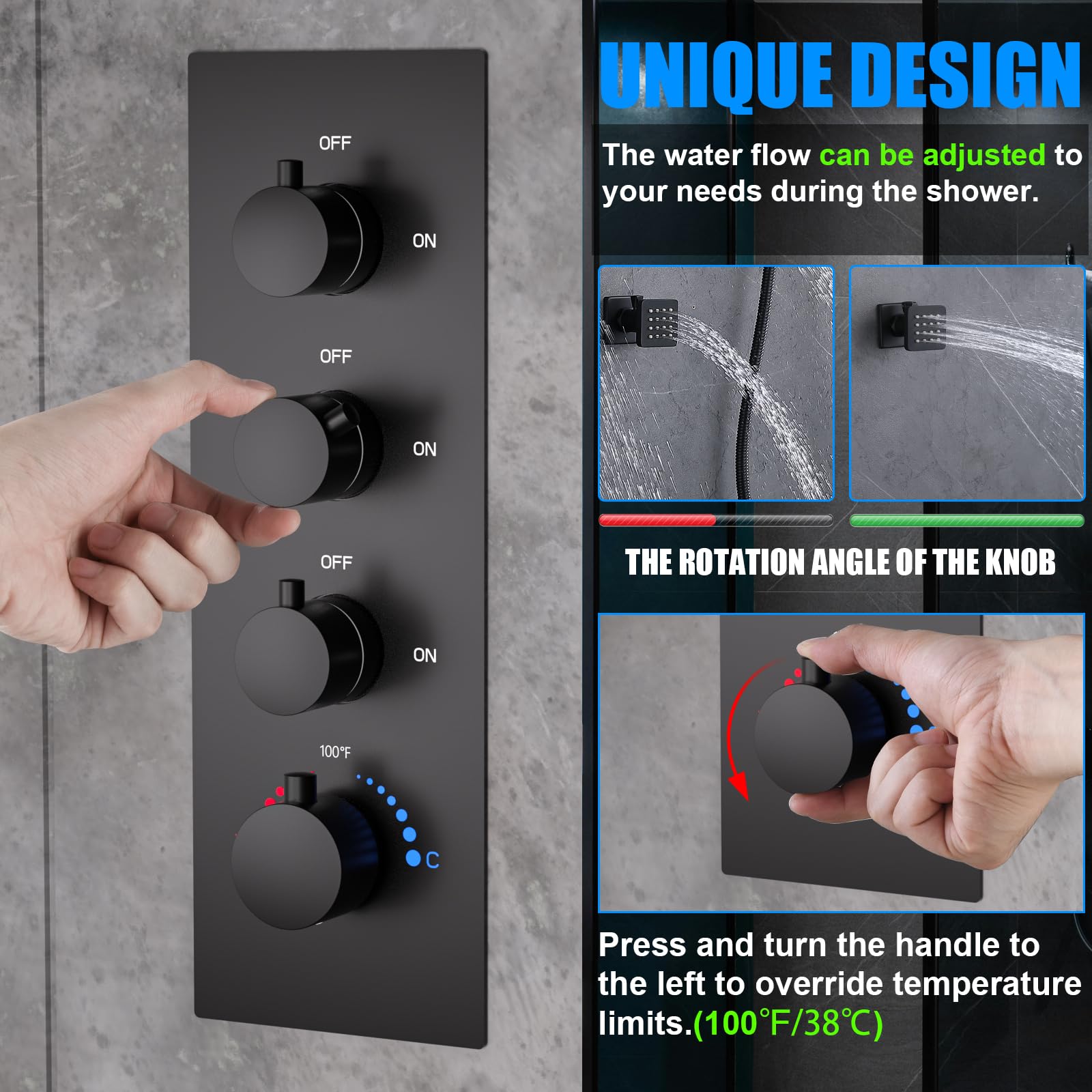 HOMEDEC 2 Way Shower Diverter Valve Brass Dual Functions Thermostatic Shower Mixing Valve Kit 3 Handle Flow Control Valve, 3/4 Inch Inlet, Can Use All Options At a Time, Matte Black