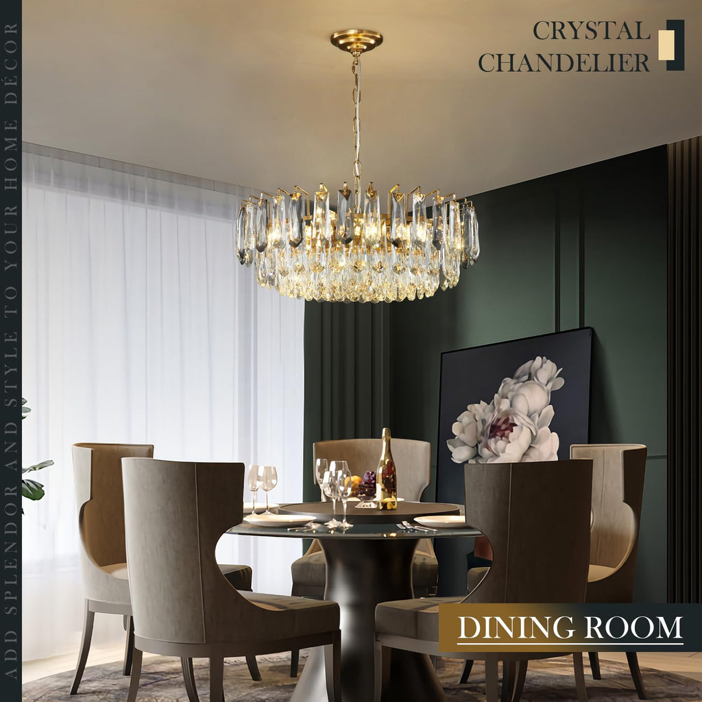 23.6" Modern Crystal Chandelier with Grey Crystal Gold 3-Tier Luxury Pendant Light 12-Light Ceiling Pendant Lighting for Dinning Room Living Room Foyer