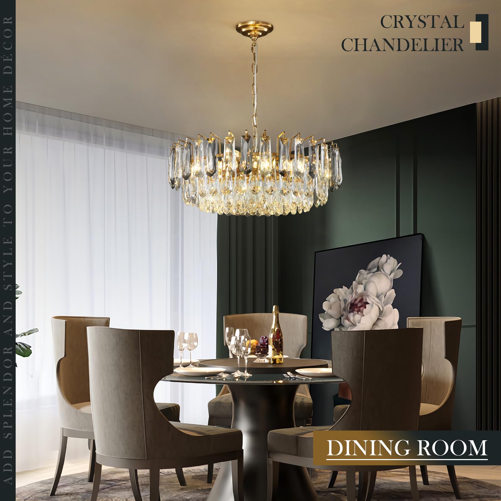 23.6" Modern Crystal Chandelier with Grey Crystal Gold 3-Tier Luxury Pendant Light 12-Light Ceiling Pendant Lighting for Dinning Room Living Room Foyer