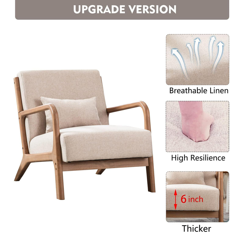 ANJ Mid Century Modern Accent Chair, Comfy Fabric Living Room Chairs with Solid Wood Frame, Lounge Reading Armchair, Easy Assembly, Beige