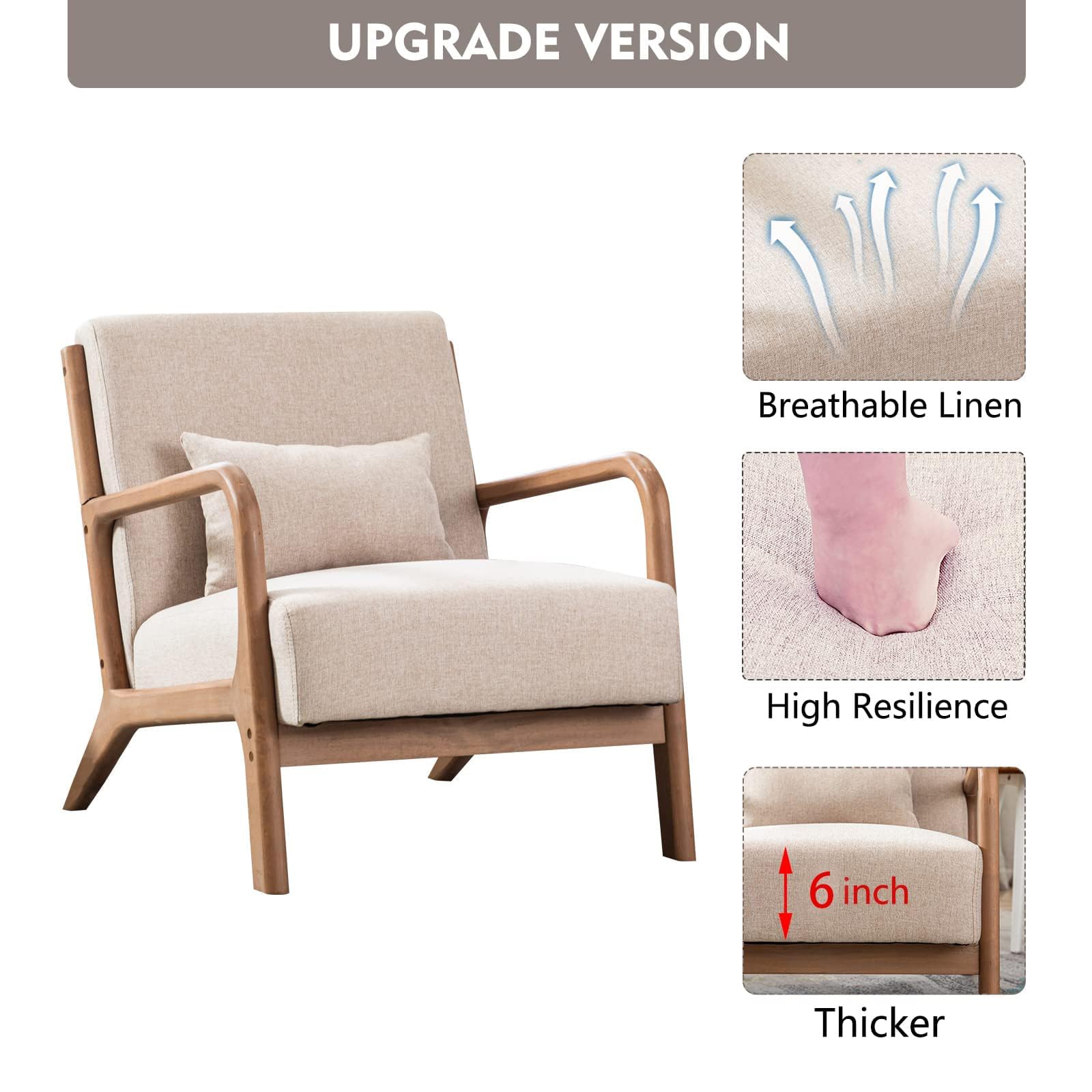 ANJ Mid Century Modern Accent Chair, Comfy Fabric Living Room Chairs with Solid Wood Frame, Lounge Reading Armchair, Easy Assembly, Beige