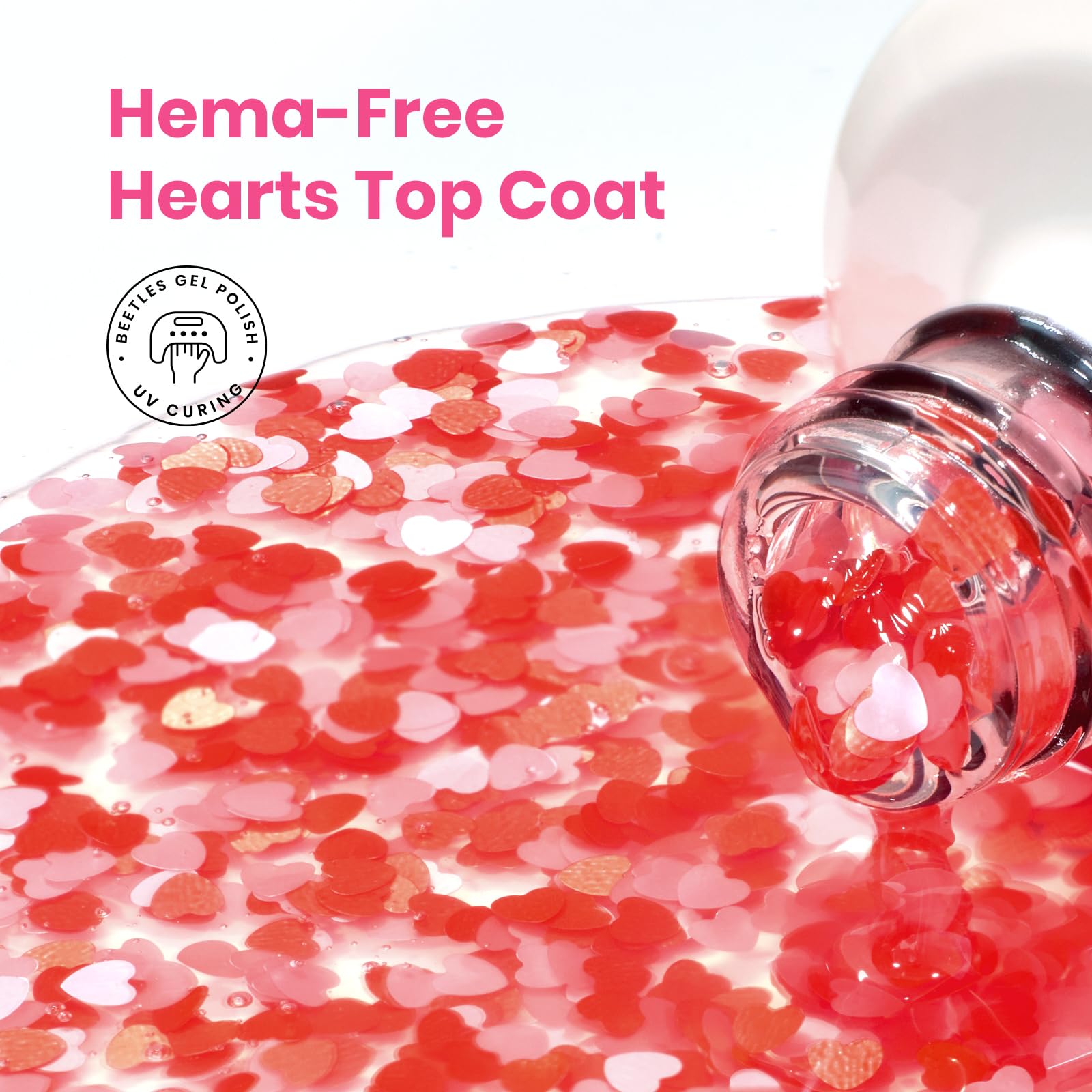 Beetles Heart Gel Top Coat 15ml - Hema Free Glitter Shine No Wipe Top Coat Long-Lasting for Gel Polish, Pink Heart Sparkle Soak Off UV LED Gift for Women