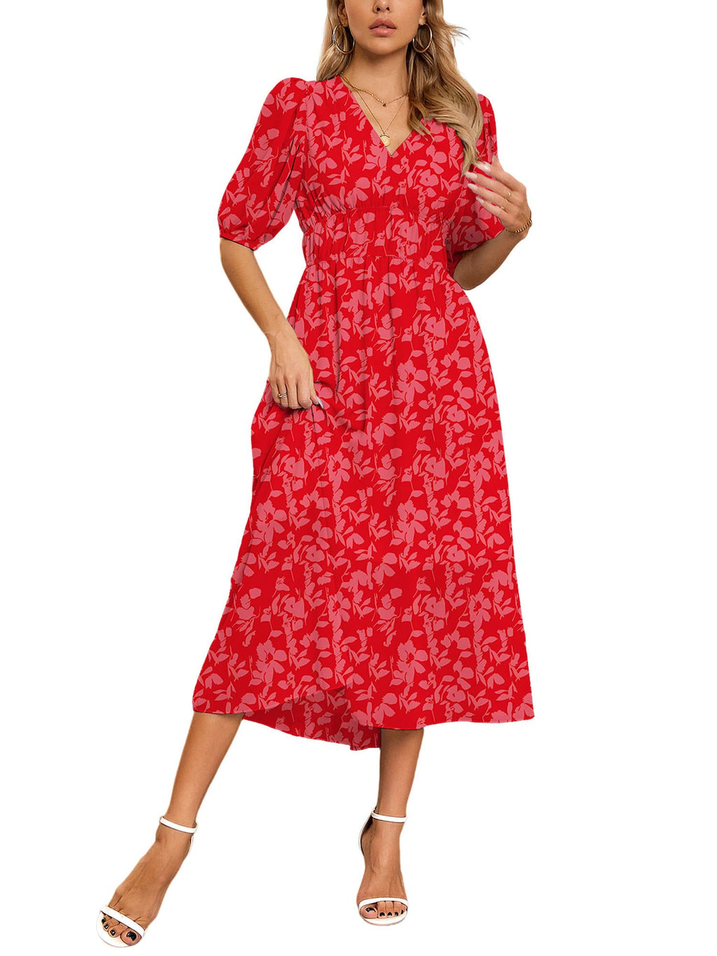 UEAL Womens Floral Flowy Wrap V Neck Midi Dress Short Sleeve Elastic Waist Casual Spring Summer Dresses for Women 2025