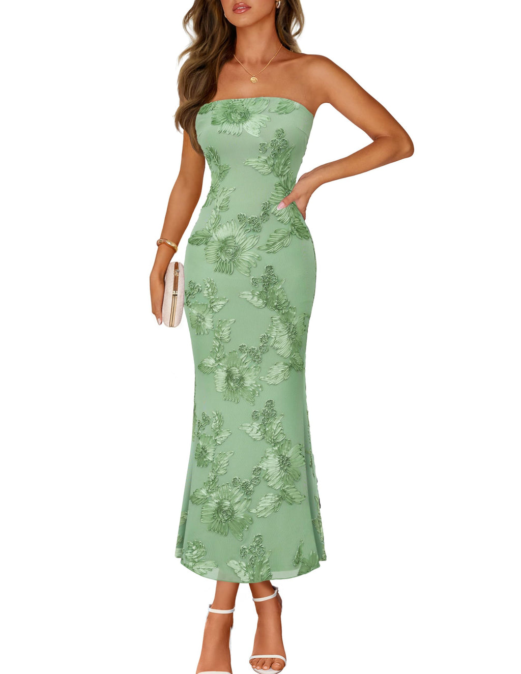MEROKEETY Women's Floral Strapless Maxi Dress 2026 Summer Mesh Tube Bodycon Formal Wedding Guest Cocktail Party Long Dresses