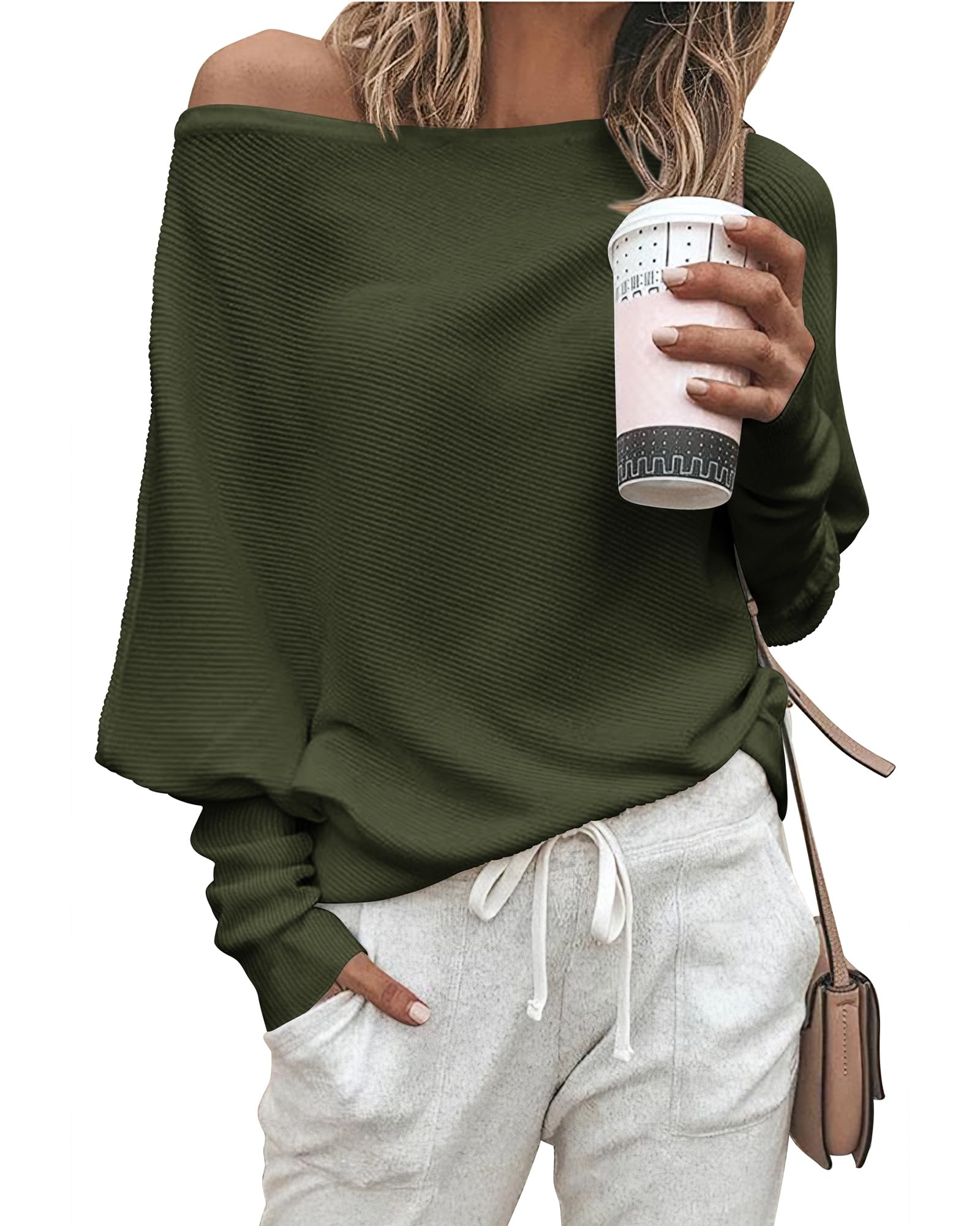 Zenlonr Women's Fall Sweaters 2026 Casual Long Batwing Sleeve Loose Off Shoulder Knit Pullovers Jumper Tops