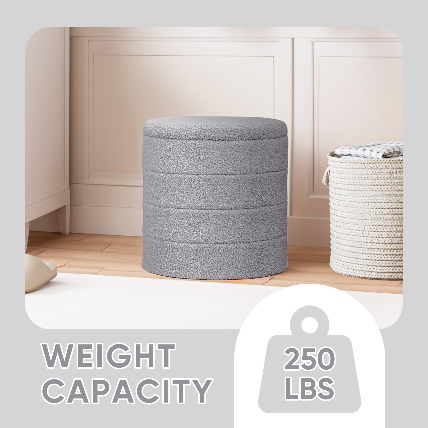 PINPLUS Round Storage Ottoman Foot Rest Stool with Tray Velvet Sherpa Folding Storage Ottoman,Boucle Foot Rest for Living Room, Bedroom, Dorm（Beige）