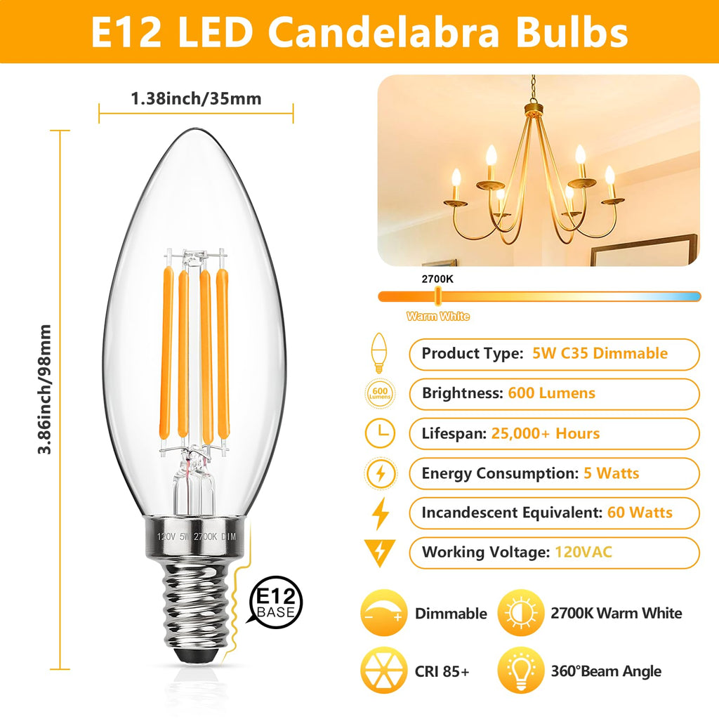 MAXvolador Dimmable E12 LED Candelabra Bulbs 60W Equivalent, Daylight White 5000K, 600LM Chandelier Light Bulb, B11 LED Candle Light Bulbs, 12 Pack
