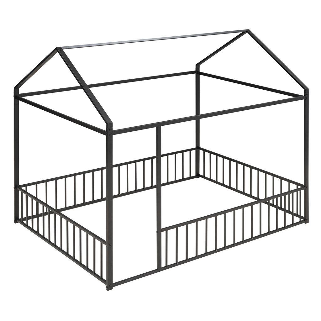 Bellemave Twin Size Montessori Floor Bed, Metal House Bed Framefor Kids, Montessori Floor Beds with Fence, Playhouse for Kids,Black