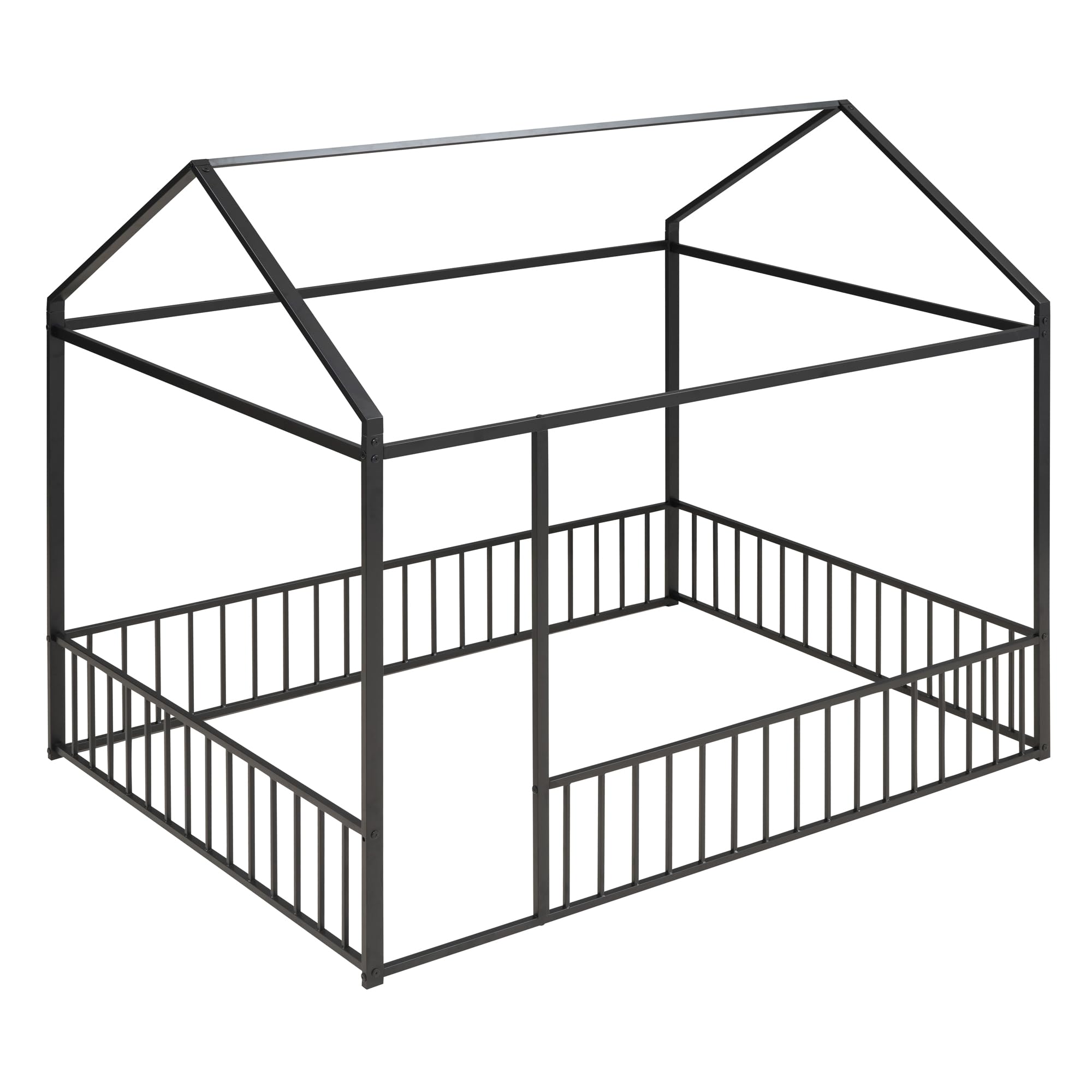 Bellemave Twin Size Montessori Floor Bed, Metal House Bed Framefor Kids, Montessori Floor Beds with Fence, Playhouse for Kids,Black