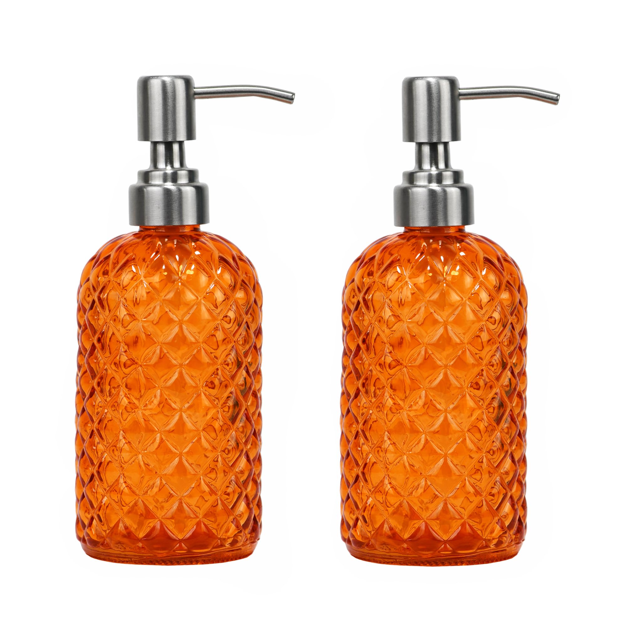 16 oz Diamond Pattern Glass Soap Dispenser, Kitchen and Bathroom Refillable Soap Dispenser with Rust Resistant Stainless Steel Pump for Hand Soap, Lotion Glass Liquid Dispenser(Amber)