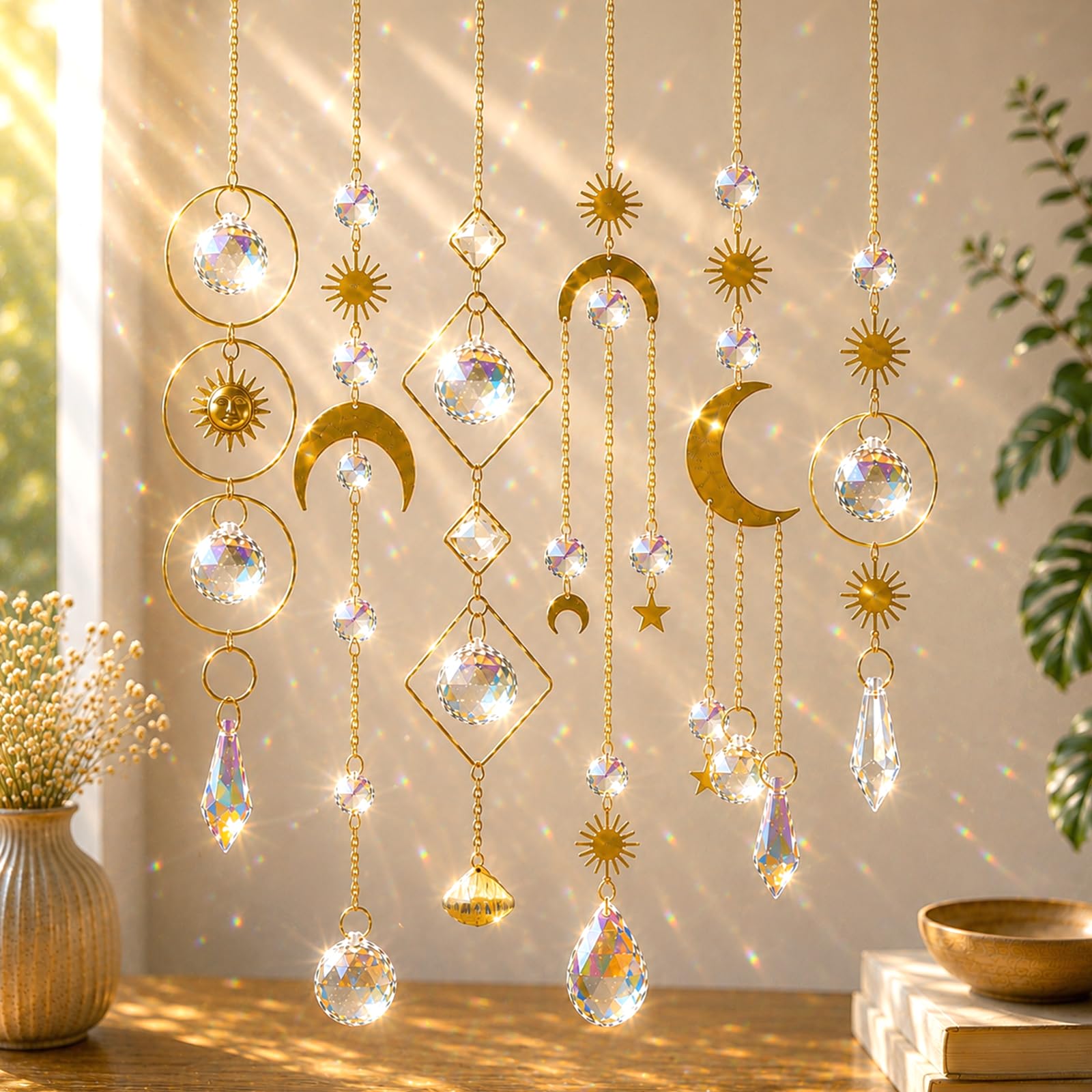 6Pieces Colorful Crystals Suncatcher Hanging Sun Catcher with Chain Pendant Ornament Crystal Balls for Window Home Garden Christmas Day Party Wedding Decoration