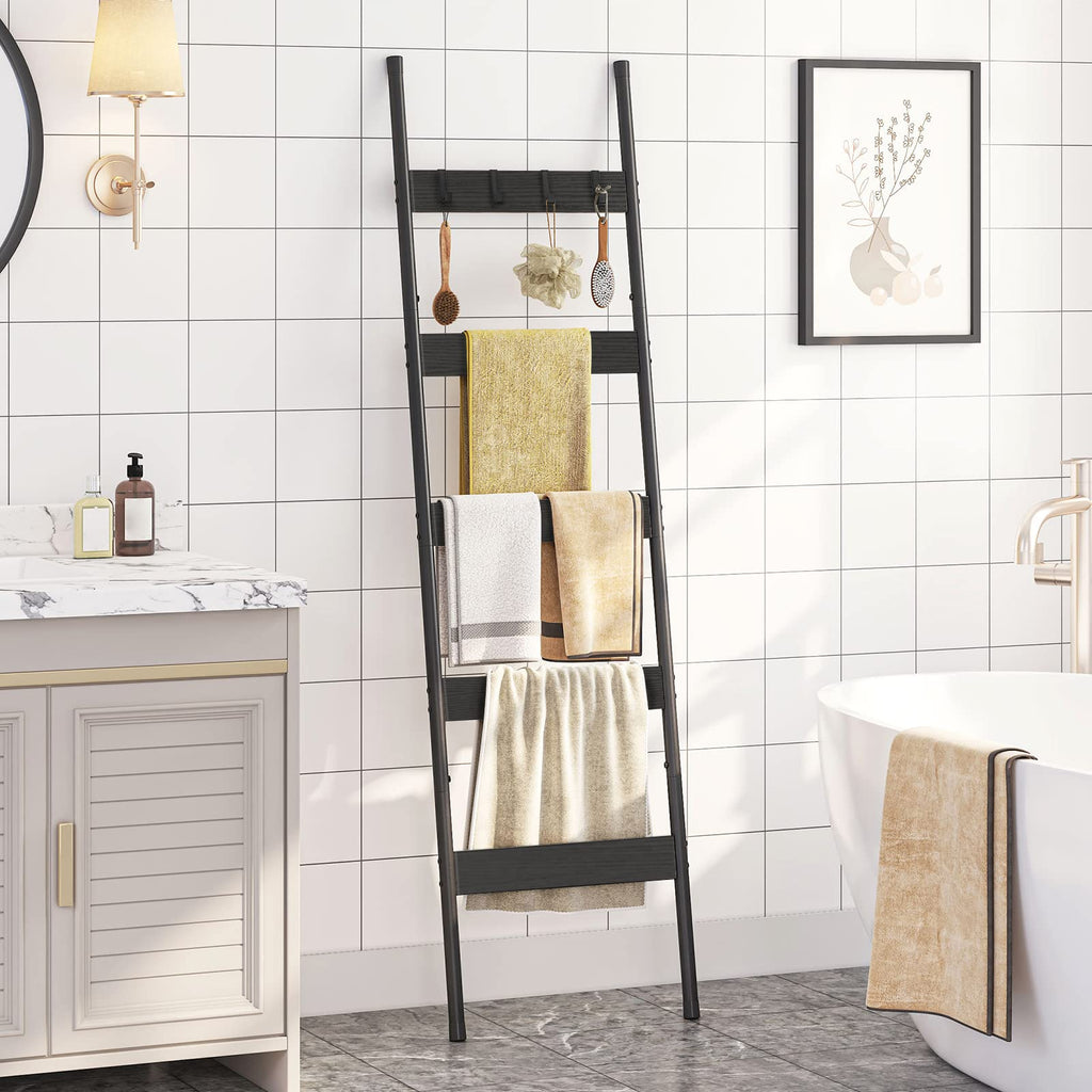 HOOBRO Blanket Ladder, 5-Tier Towel Rack with Hooks, Wall-Leaning Blanket Rack, Decorative Display Ladder Shelf, Scarves, Industrial, Living Room, Bedroom, Black BB52CJ01