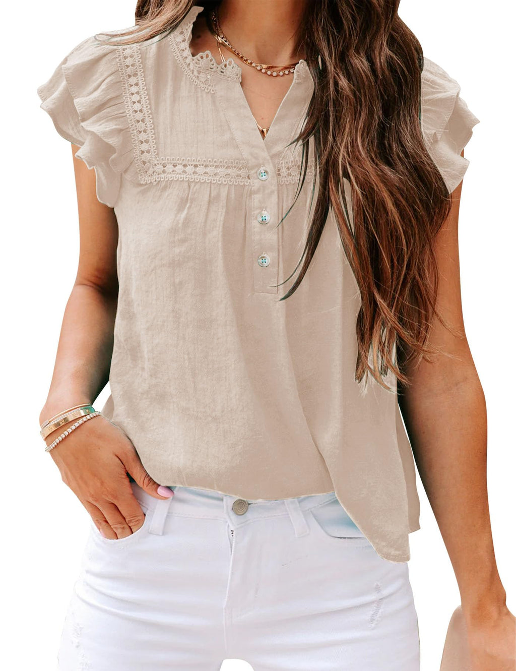 Women's V Neck Lace Crochet Shirts Button Down Short Sleeve Casual Blouse Tops