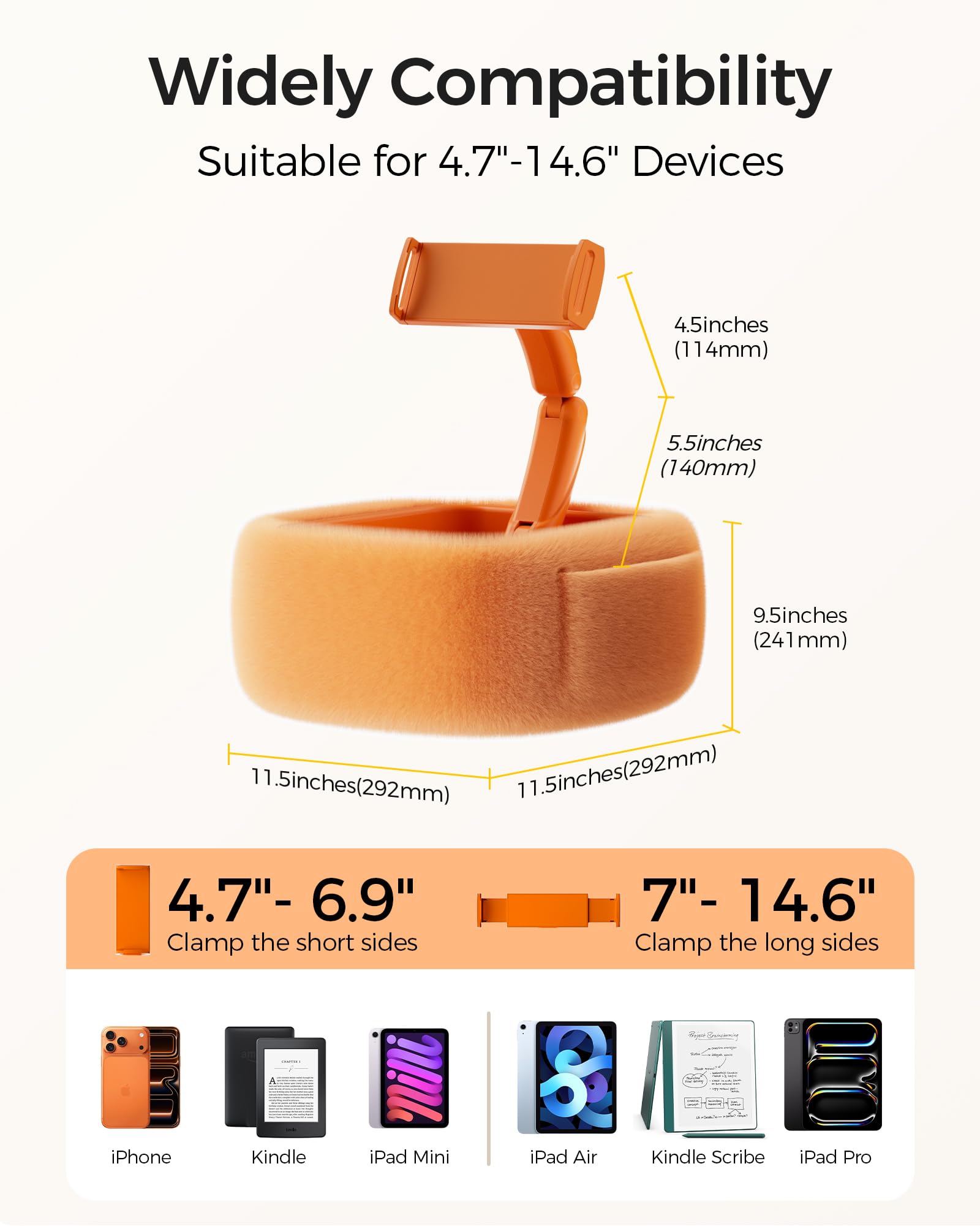 LULULOOK Tablet Pillow Stand, Compatible with iPad, iPhone and 4.7-14.6”Tablet, 360° Adjustable Kindle Pillow Stand for Bed with Ultra Fluffy Fabric & Snack Bowl (Cloudy White)
