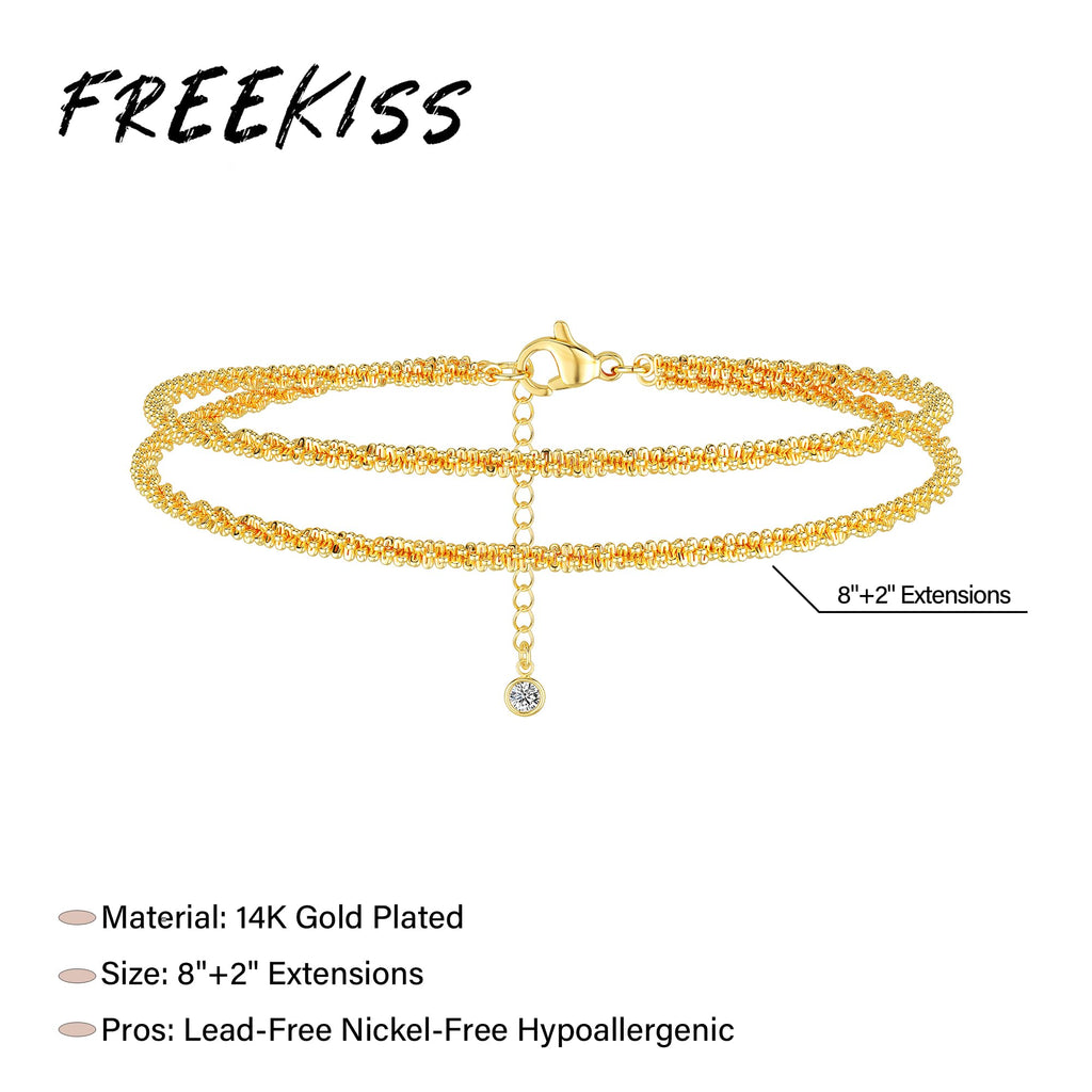 Freekiss Sterling Silver Ankle Bracelets for Women: Dainty Layered Waterproof Anklet for Women Adjustable Womens Anklet Set Stackable Figaro Beaded Cuban Link Anklets Beach Jewelry for Women