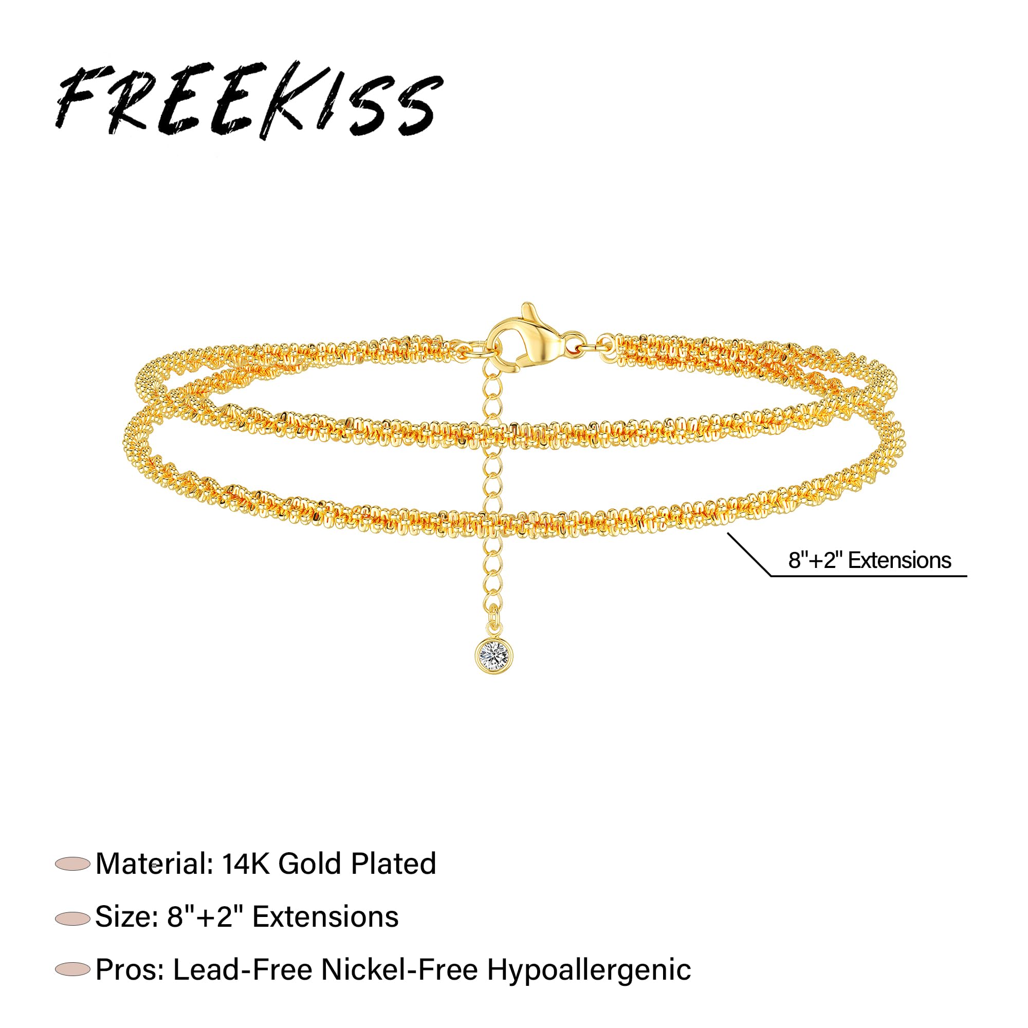 Freekiss Sterling Silver Ankle Bracelets for Women: Dainty Layered Waterproof Anklet for Women Adjustable Womens Anklet Set Stackable Figaro Beaded Cuban Link Anklets Beach Jewelry for Women