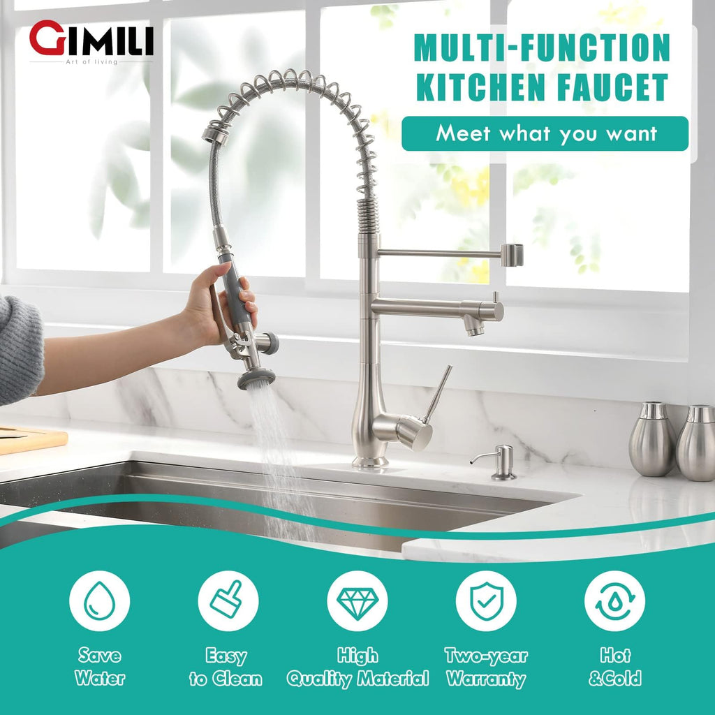 GIMILI Black and Gold Kitchen Faucet with Pull Down Sprayer Single Handle High Pressure Kitchen Sink Faucet Commercial Double-Headed Stainless Steel Kitchen Faucets