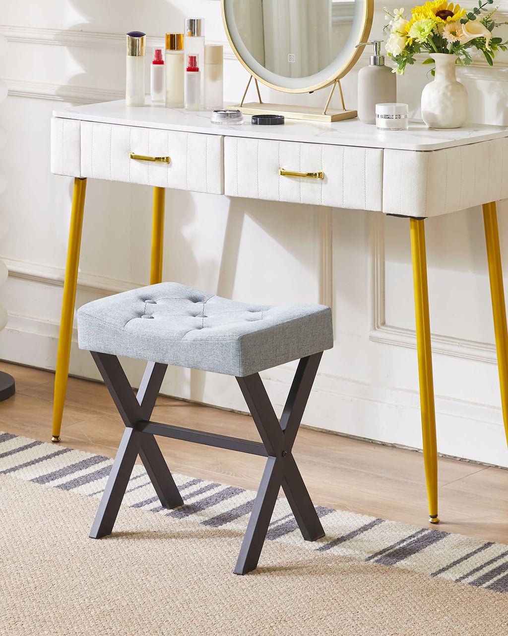 IBUYKE U-Shaped PU Vanity Stool, Square Makeup Chair with X-Leg, Ottoman Seat Footrest Stool, Multi-Use as Small Side Table, for Bedroom, Living Room, Black WBD019B