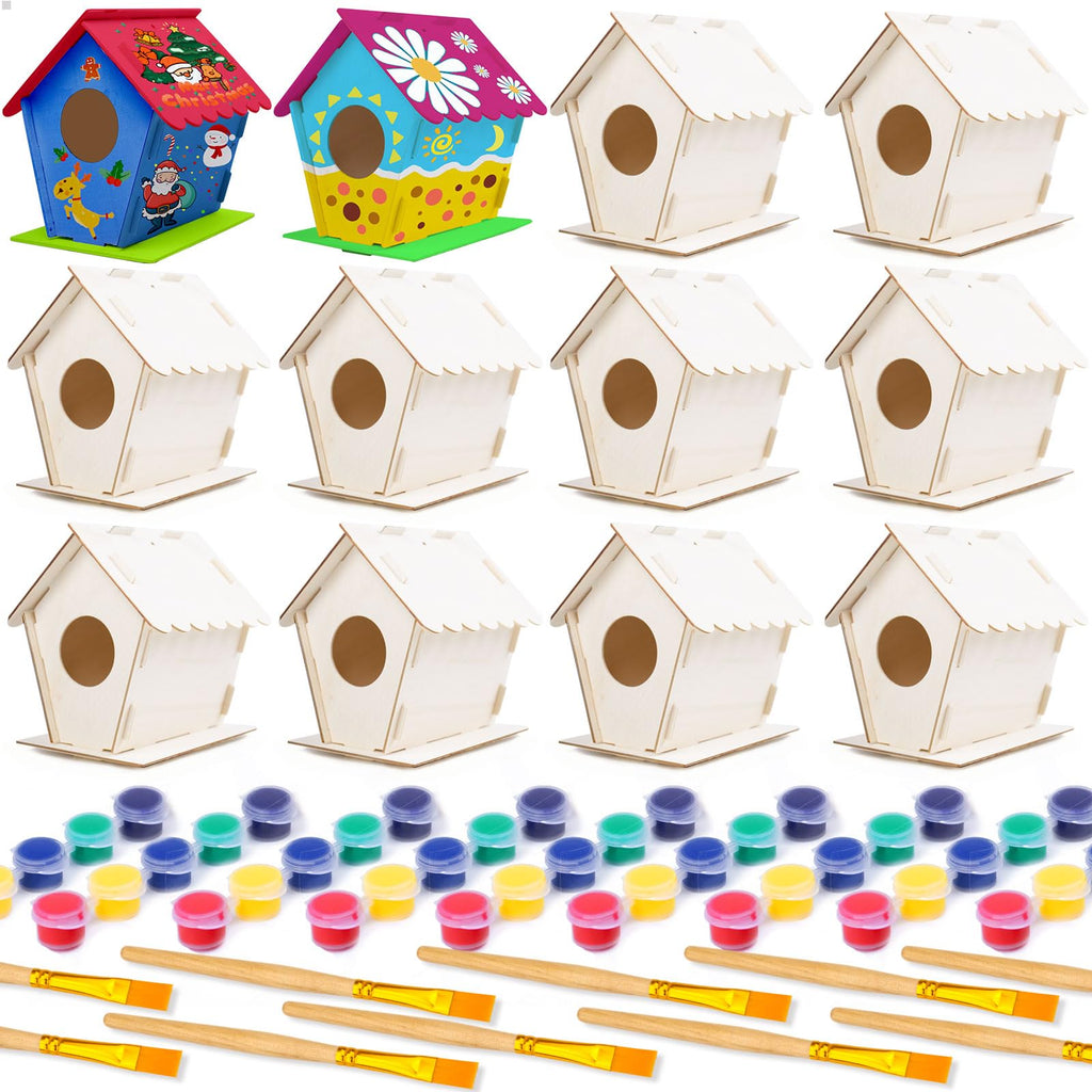 hapray 12 Pack Bird House Kit, DIY Birdhouse Kits, Wooden Crafts Arts for Children to Build and Paint (Includes Paints & Brushes) for Kids Girls Boys Toddlers Halloween Christmas Gift