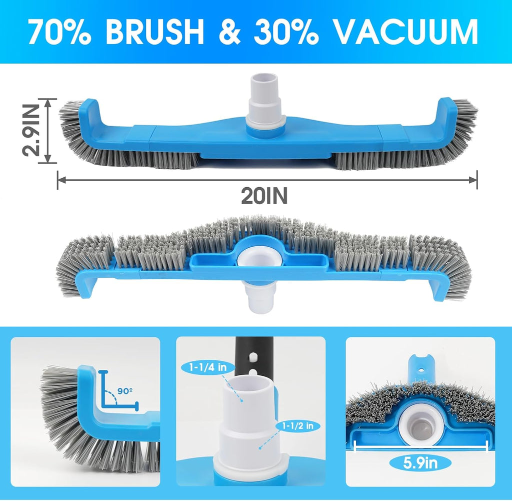 TidyMister 20" 2 in 1 Pool Brush Vacuum Head with Swivel Hose Connection & Sturdy Nylon Bristles for Heavy Duty Inground & Above- Ground Pool Cleaning - Connecting 1-1/4" or 1-1/2" Hose (No Pole)