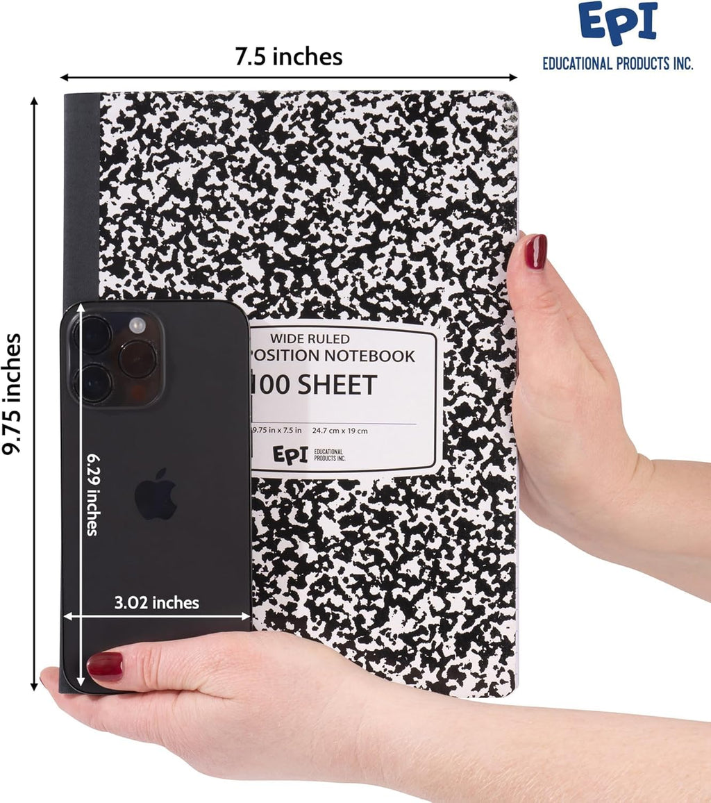 3 Pack - EPI Marble Hardcover Wide Ruled Composition Notebook | 200 Pages (100 Sheets), 9.75 x 7.5 in, Sturdy Sewn Binding | School, Office, Journaling, Notes