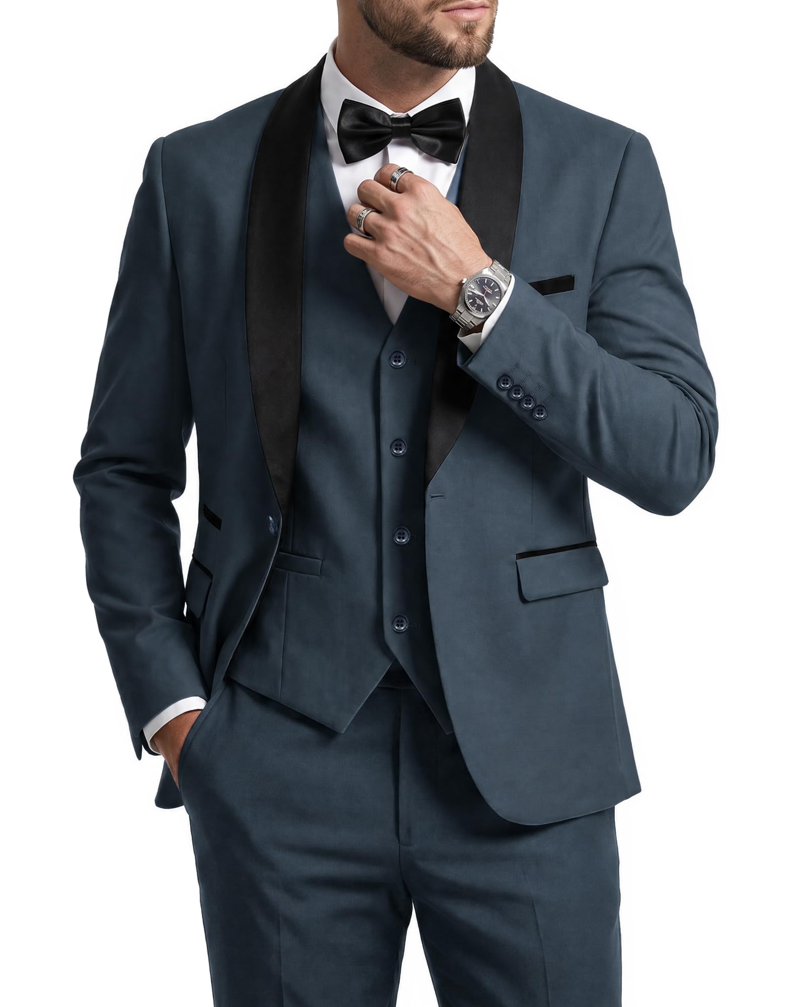 MrSure Men’s 3 Piece Slim Fit Suit, One Button Shawl Lapel Tuxedo, Premium Dinner Jacket Vest Pants & Tie Set