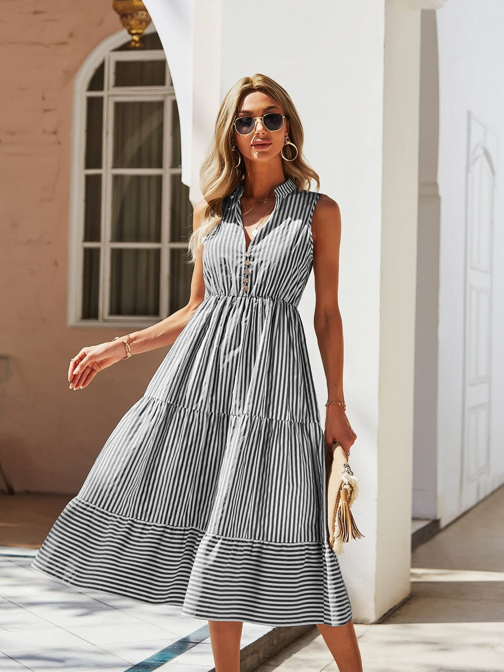 Floerns Women's Striped Print Notched Neck Sleeveless Ruffle A Line Midi Dress