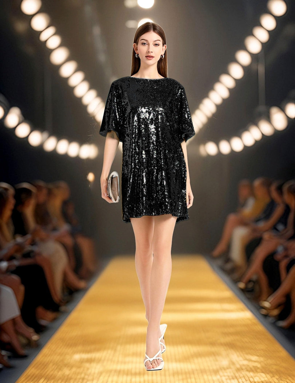 Women's Crew Neck Sequin Dress for Women Sexy V Neck Shirt Dress Sparkly Half Sleeve Loose Party Club Cocktail Dress