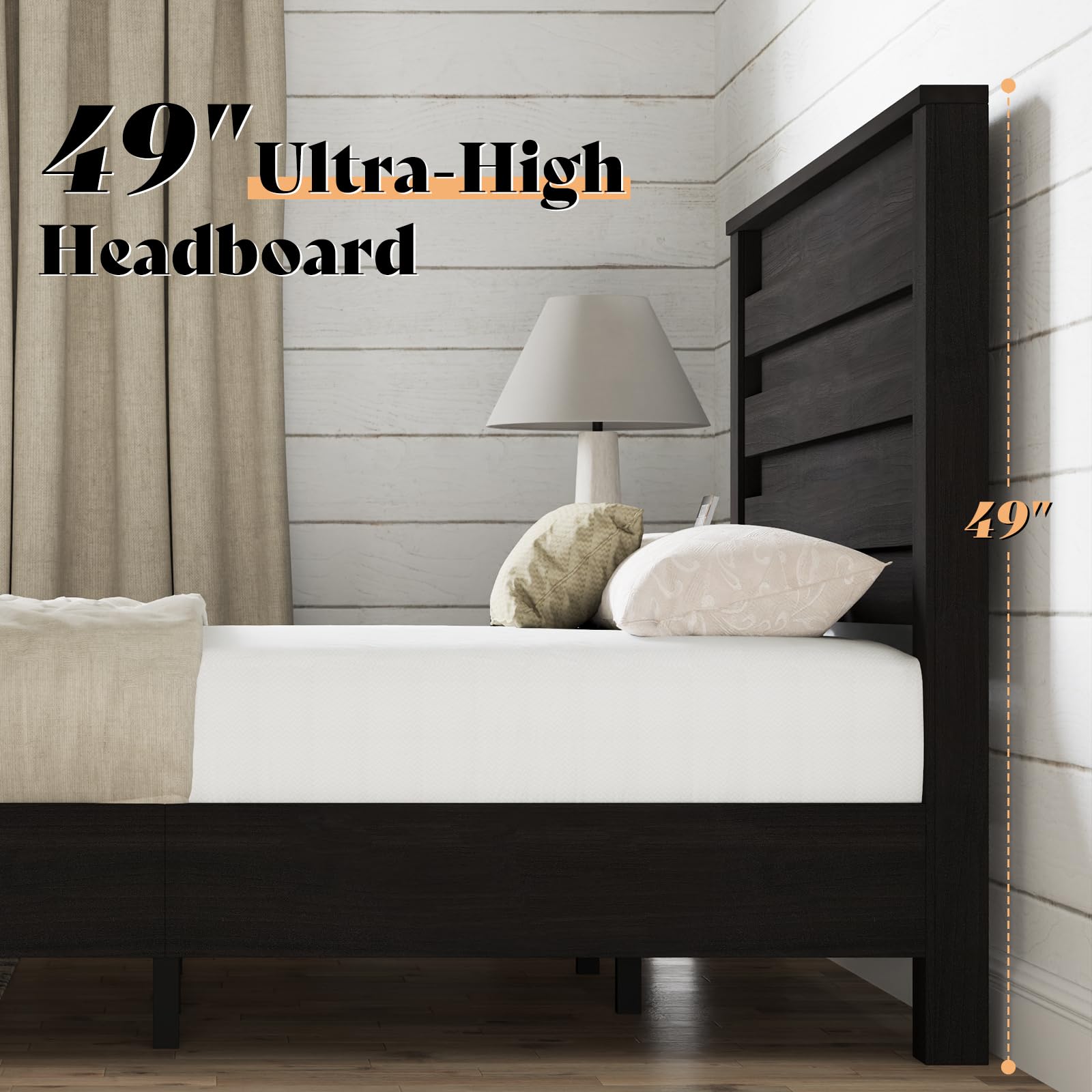 AMERLIFE Farmhouse Full Size Bed Frame with 49" Fluted Headboard, Wood Platform Bed with Natural Grain, No Box Spring Needed/Noise Free, Black
