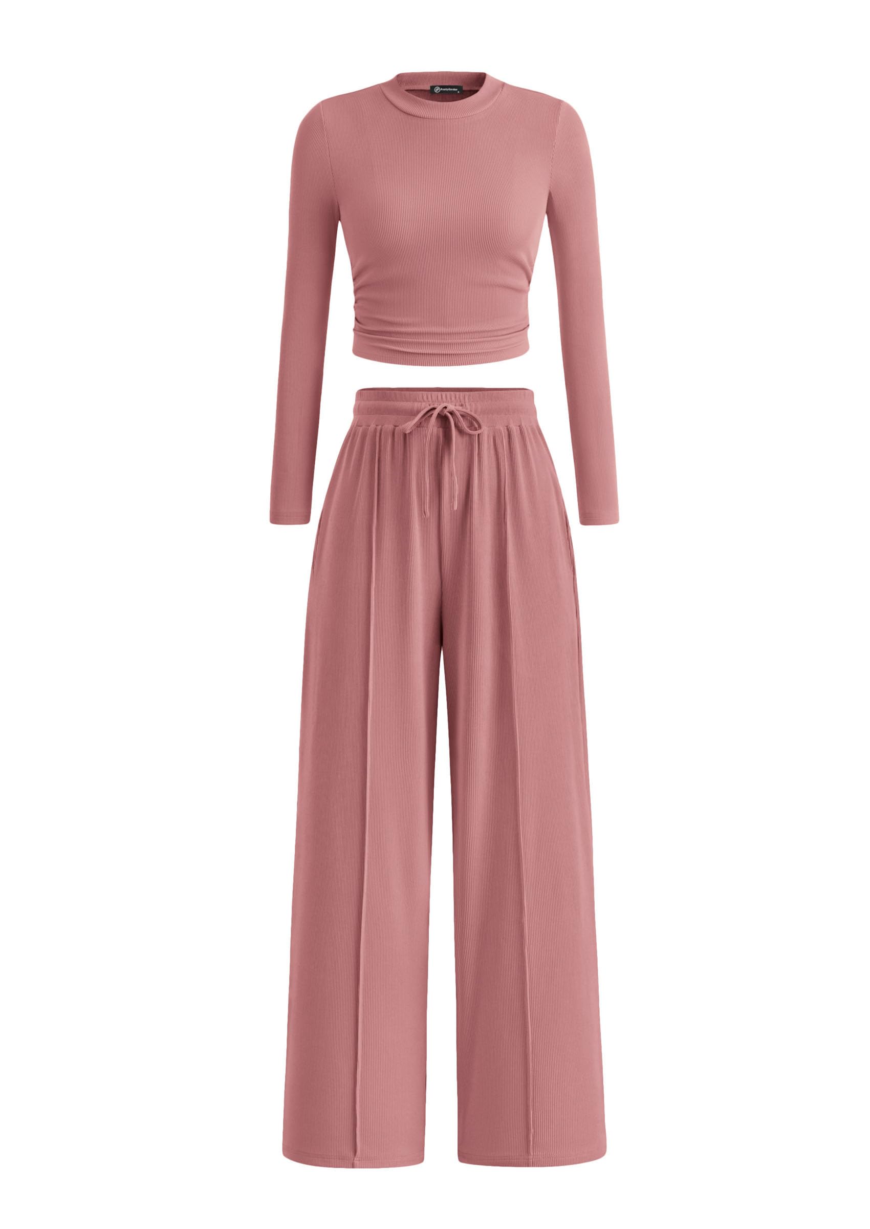 PRETTYGARDEN Women's 2 Piece Sets 2026 Fall Long Sleeve Crop Tops Wide Leg Pants Matching Outfit Tracksuits Spring Clothes