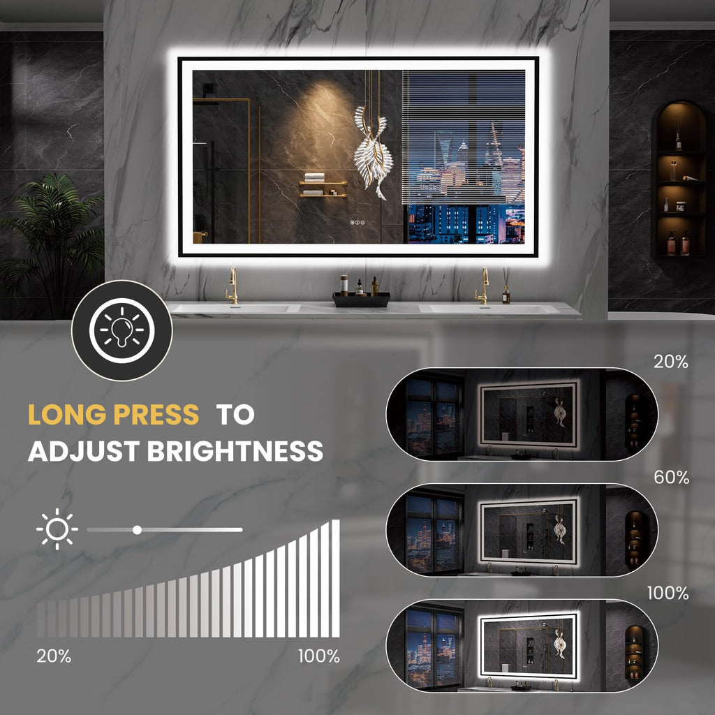 LOAAO 20"X28" LED Bathroom Mirror Black Framed | Anti-Fog, Dimmable, Memory Function, Tempered Glass, Lighted Vanity Mirror for Wall