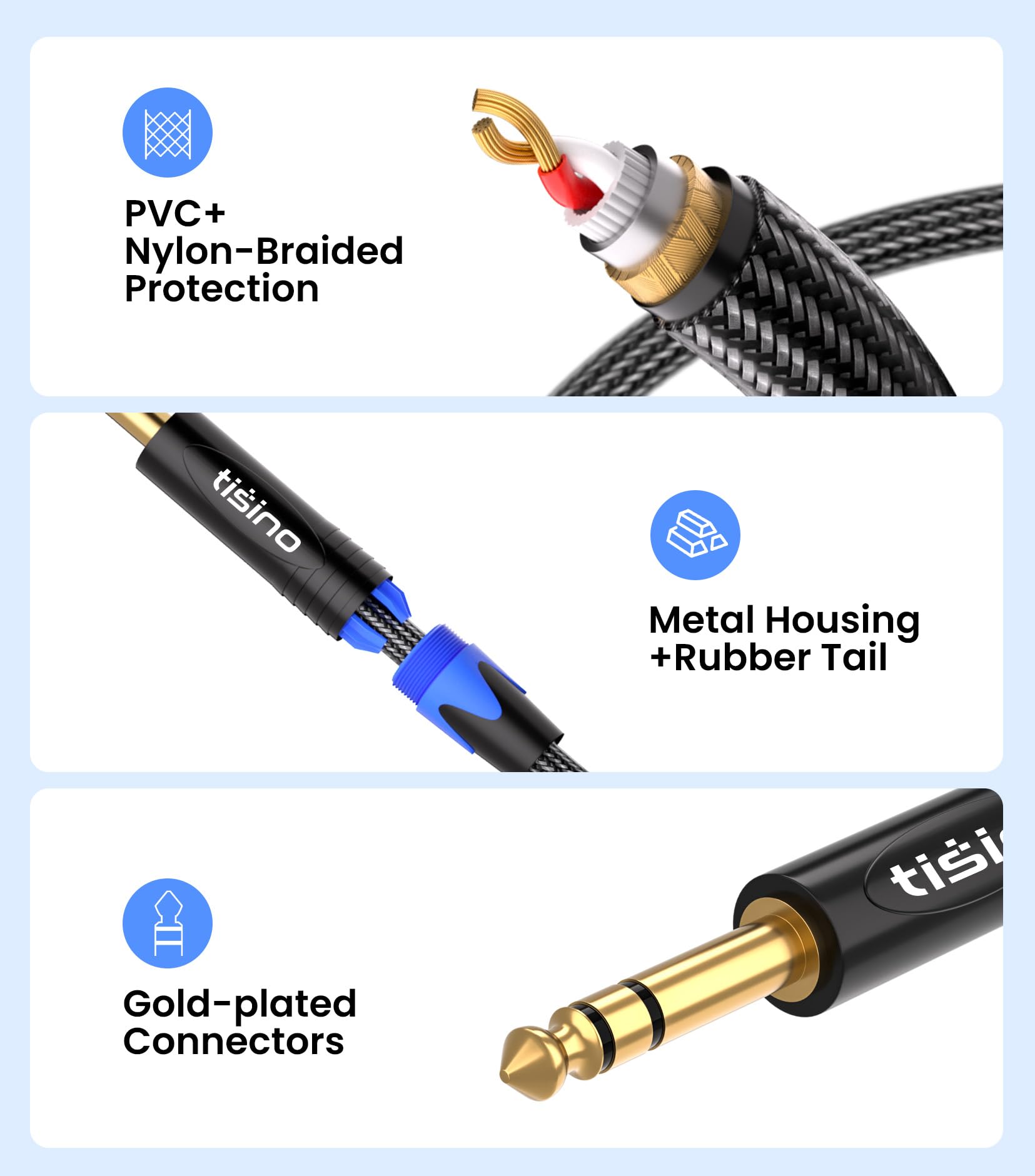 Tisino 1/4 inch TRS Cable, Quarter inch 1/4 TRS Balanced Stereo Audio Cable Male to Male Pro Interconnect Cable Guitar Cable, Nylon Braid - 3 FT