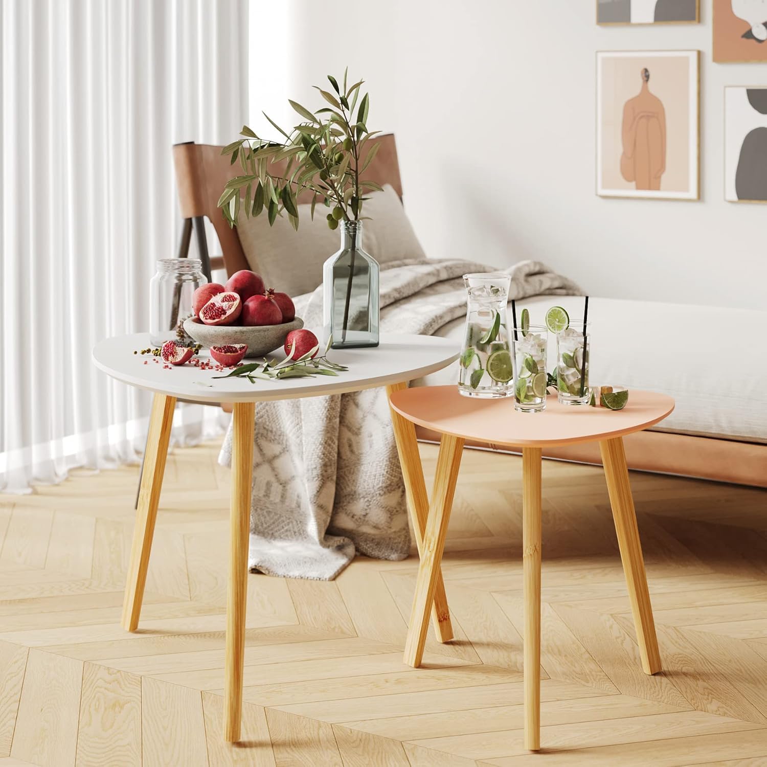 BAMEOS Monstera Leaf Nesting Tables Set of 2, Small Side Tables f Set with Leaf Vein Pattern, Modern Wooden CoffeeTables for Living Room Bedroom Apartment Balcony Yard