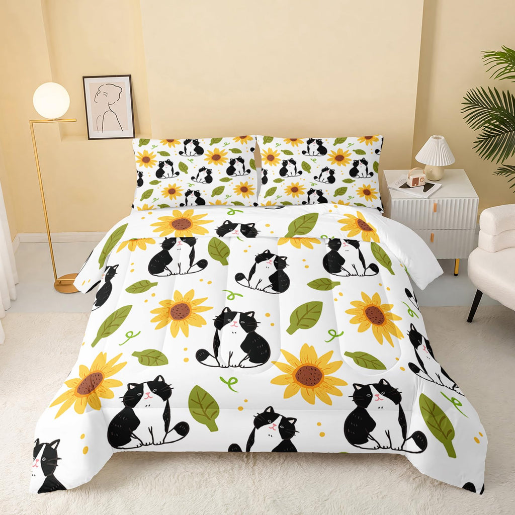 QOOMO Floral Cat Comforter Twin Size,Pink Cat Bedding Set for Kids Teens Girls,3Pcs Bedding Set Printed Comforter with 2 Pillowcases,Down Alternative,Soft and Lightweight(Pink，Twin Size)