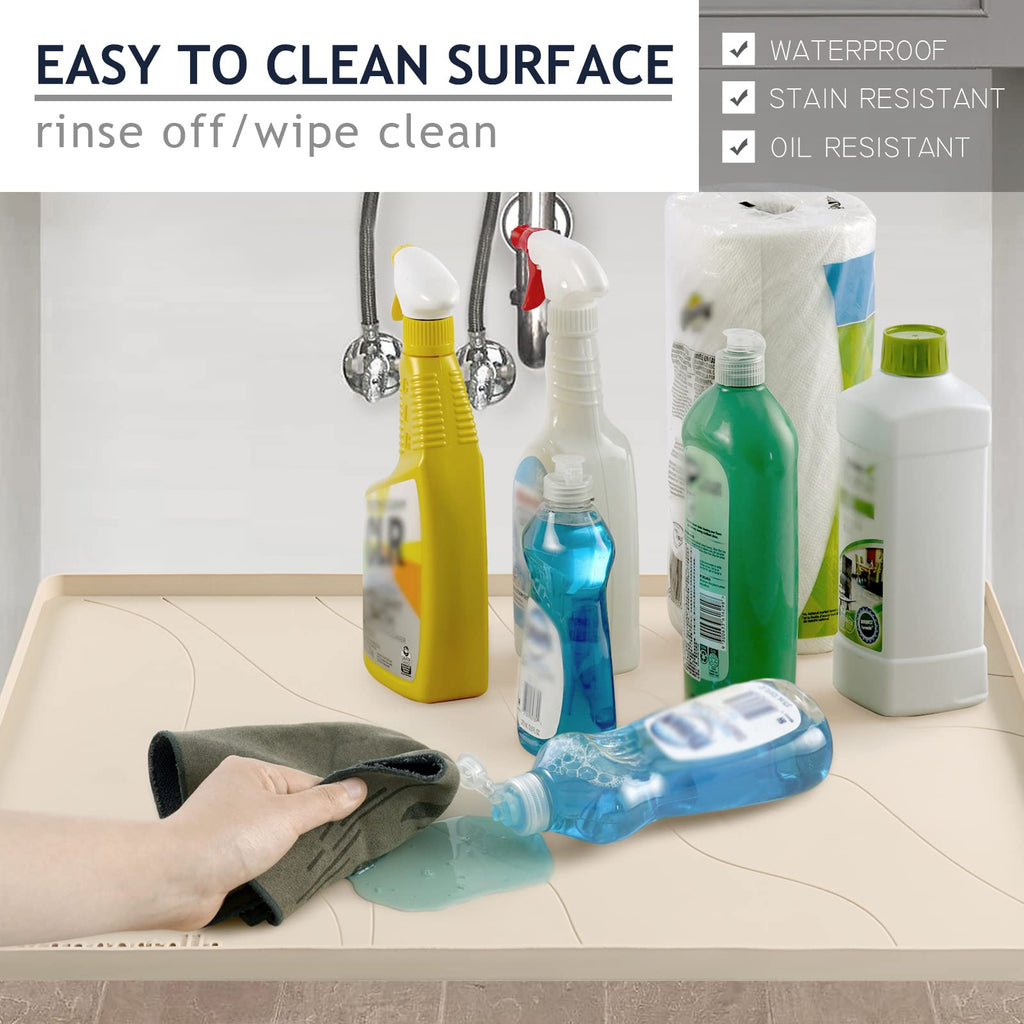 Heavy Duty Silicone Under Sink Mats for Kitchen Waterproof 19" x 19", Extra Thick Under Sink Rubber Mat Drip Tray, Raised Edge Under Sink Liner,Prevent Drips, Leaks, Spills,Beige