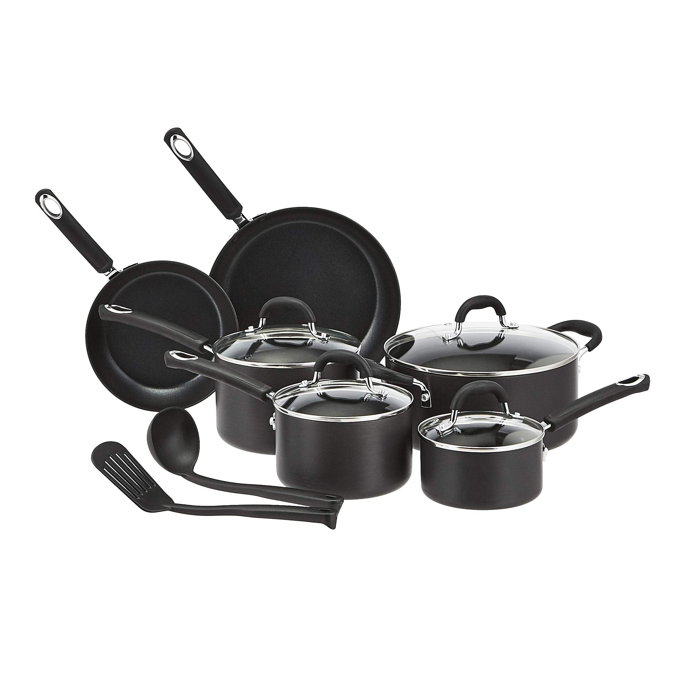Amazon Basics Non-Stick Cookware Set, Pots and Pans with Lids, Hard Anodized Aluminum, Dishwasher Safe, Oven Safe, Black, 12-Piece