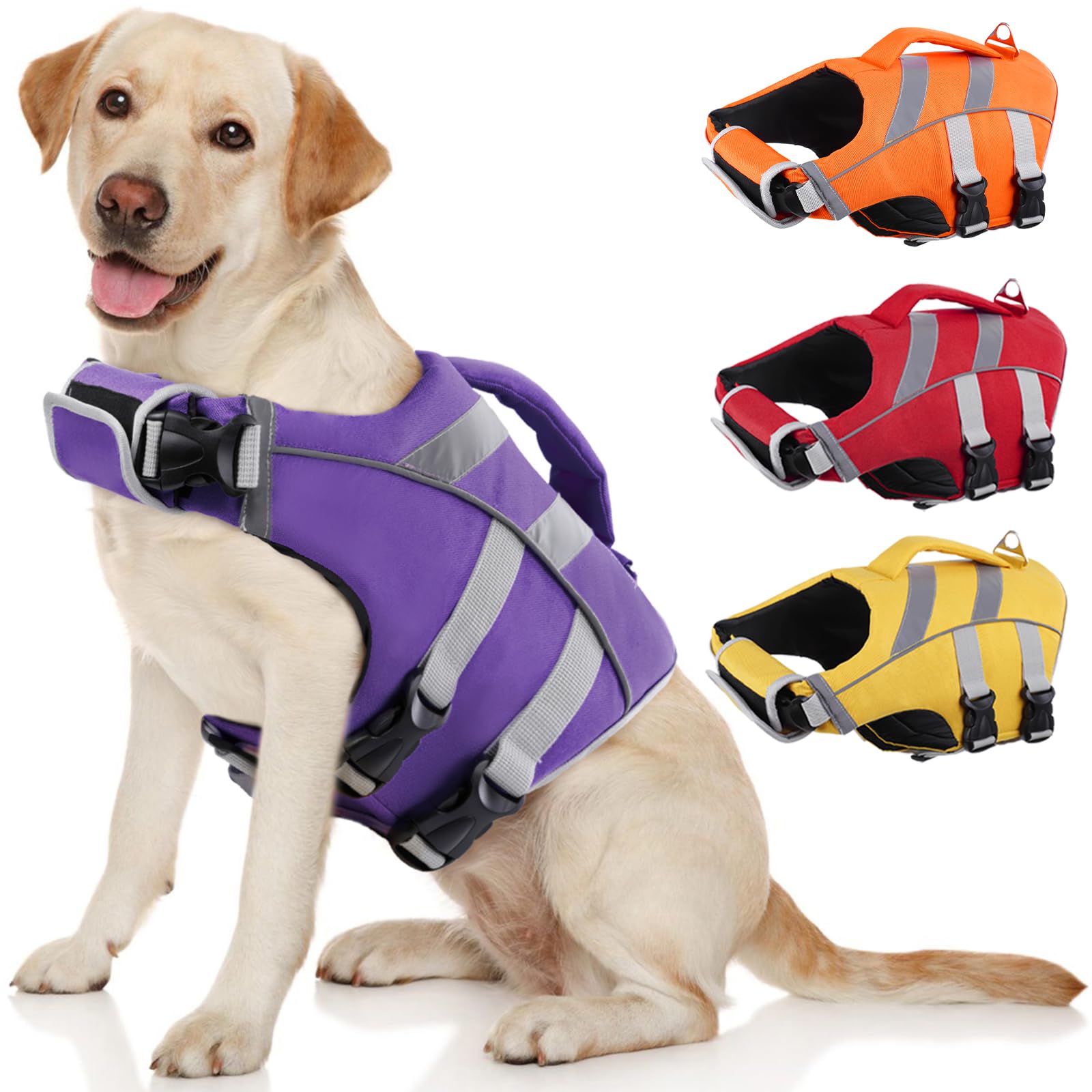 Kuoser Dog Life Jacket with Reflective Stripes, Dog Life Vest for Swimming Boating, Adjustable Pet Lifejackets with High Flotation, Doggie Swimsuit for Small Medium Large Dogs