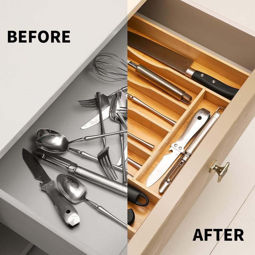 Expandable Acacia Kitchen Drawer Organizer for Cutlery and Utensils, Adjustable Acacia Wood Cutlery Tray in Drawer for Flatware and Silverware in Kitchen