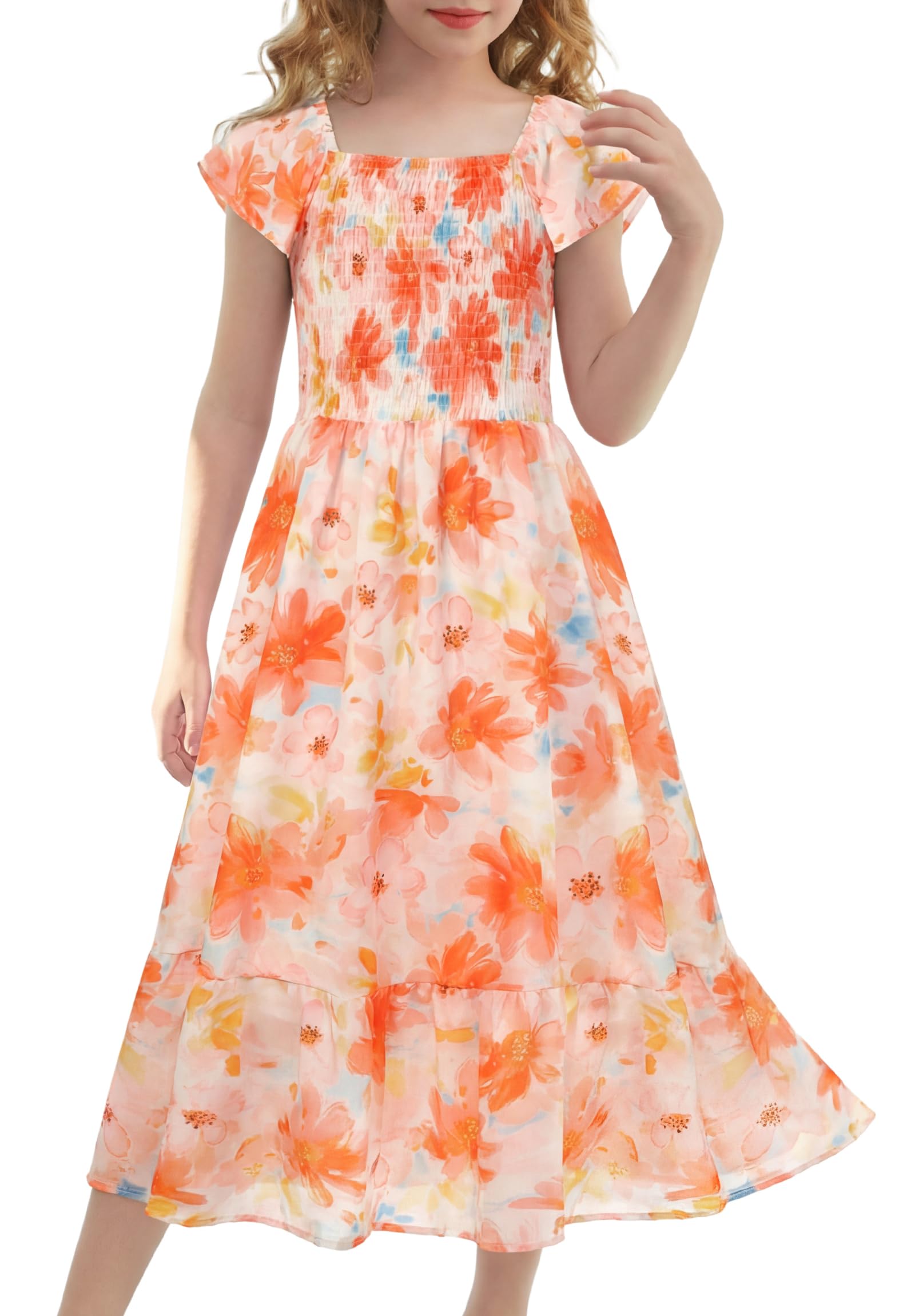 GRACE KARIN Girls Flutter Sleeve Floral Dresses Girl Long Midi Spring Dress Kids Smocked Flare Summer Dress 6-16Y